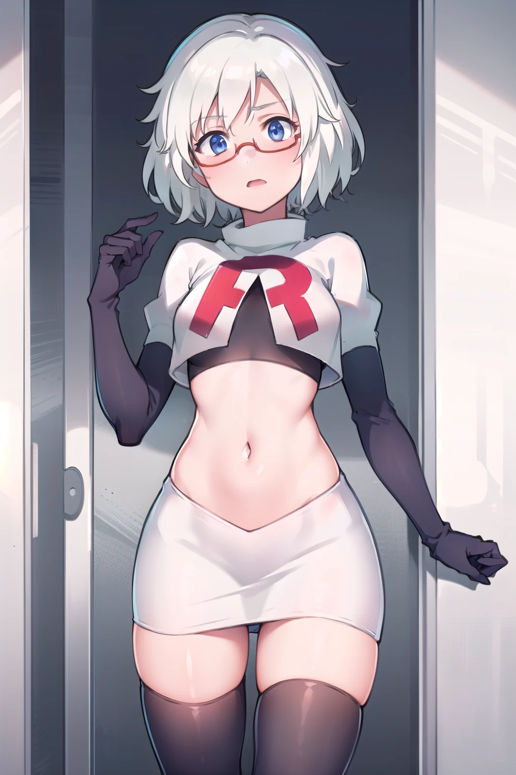 2b, 2b, (black blindfold:1.5), black hairband, blindfold, hairband, short hair, white hair,
BREAK hairband, robot, team rocket,team rocket uniform, red letter R, white skirt,white crop top,black thigh-highs,black elbow gloves,
BREAK looking at viewer,
BREAK (masterpiece:1.2), best quality, high resolution, unity 8k wallpaper, (illustration:0.8), (beautiful detailed eyes:1.6), extremely detailed face, perfect lighting, extremely detailed CG, (perfect hands, perfect anatomy),