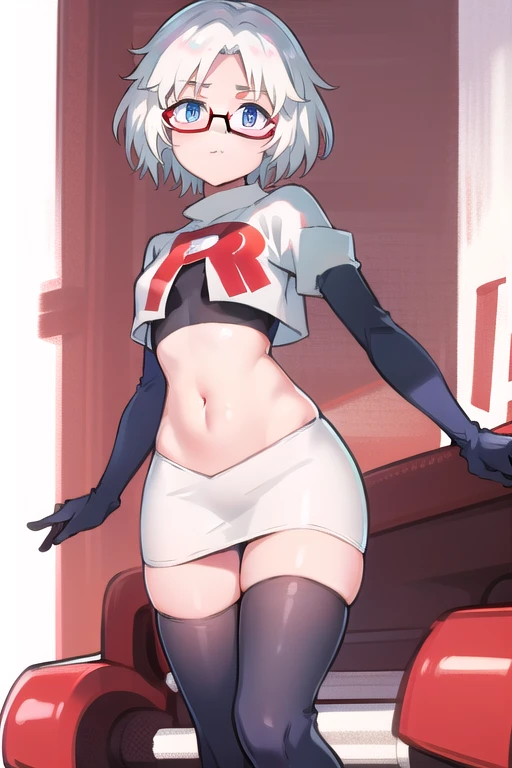 best quality, (masterpiece:1.2), illustration, absurdres,
(1girl), (solo), (beautiful detailed girl),
Sonya Baelz, blue hair, medium hair, grey eyes, large breasts, half-frame glasses, gray glasses,
team rocket,team rocket uniform,white skirt,red letter R,crop top,black thigh-highs,black elbow gloves,
looking at viewer, serious,