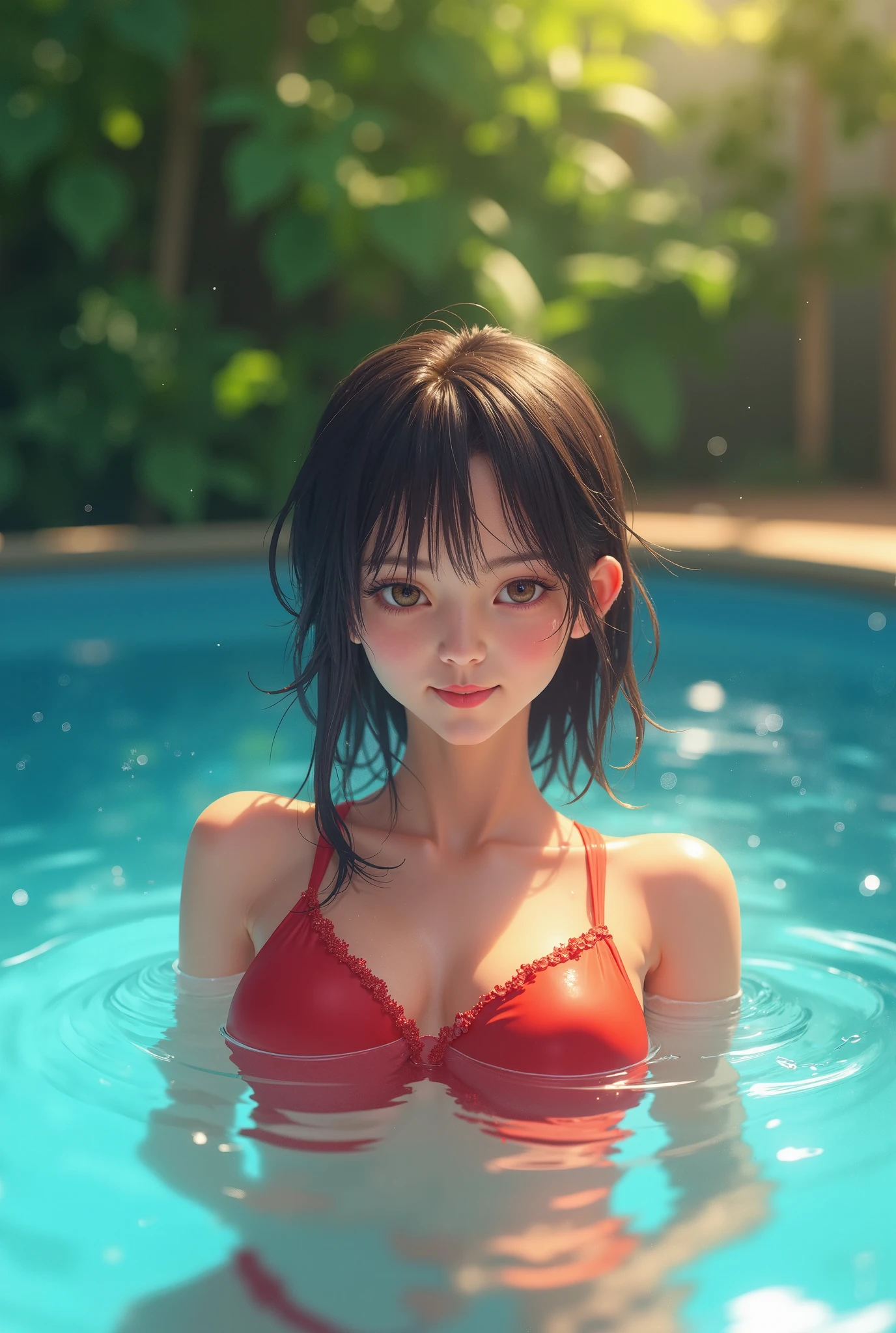 (MASTERPIECE:1.2),(CGI ART:1.3),(REALISTIC:1.5),(POST PROCESSING:1.3),(SHARP FOCUS:1.3),8K,1 girl, ((UPPER BODY)), ((Swimming suit)), (((shiny skin))), room, (high shadows detail) , (ILLUSTRATION:1.2),red transpranent bikini --auto --s2