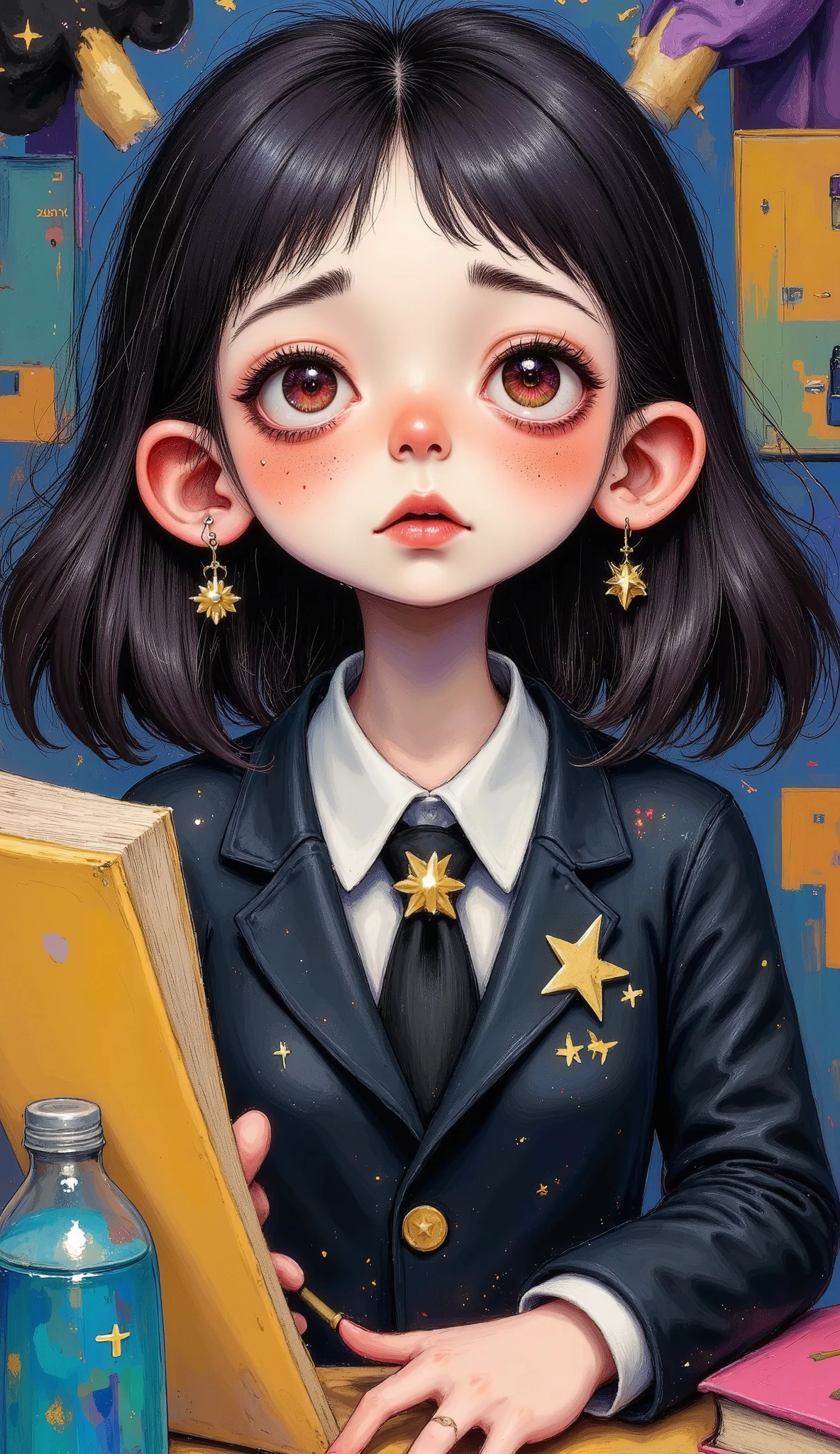 plano gran general, cuerpo entero, A young man in school uniform, with purple eyes and dark black hair, studying intently, detailed realistic portrait, highly detailed face and eyes, beautiful detailed eyes, beautiful detailed lips, extremely detailed eyes and face, long eyelashes, realistic school uniform, serious expression, indoor setting, natural lighting, photorealistic, 8k, high resolution, best quality, masterpiece