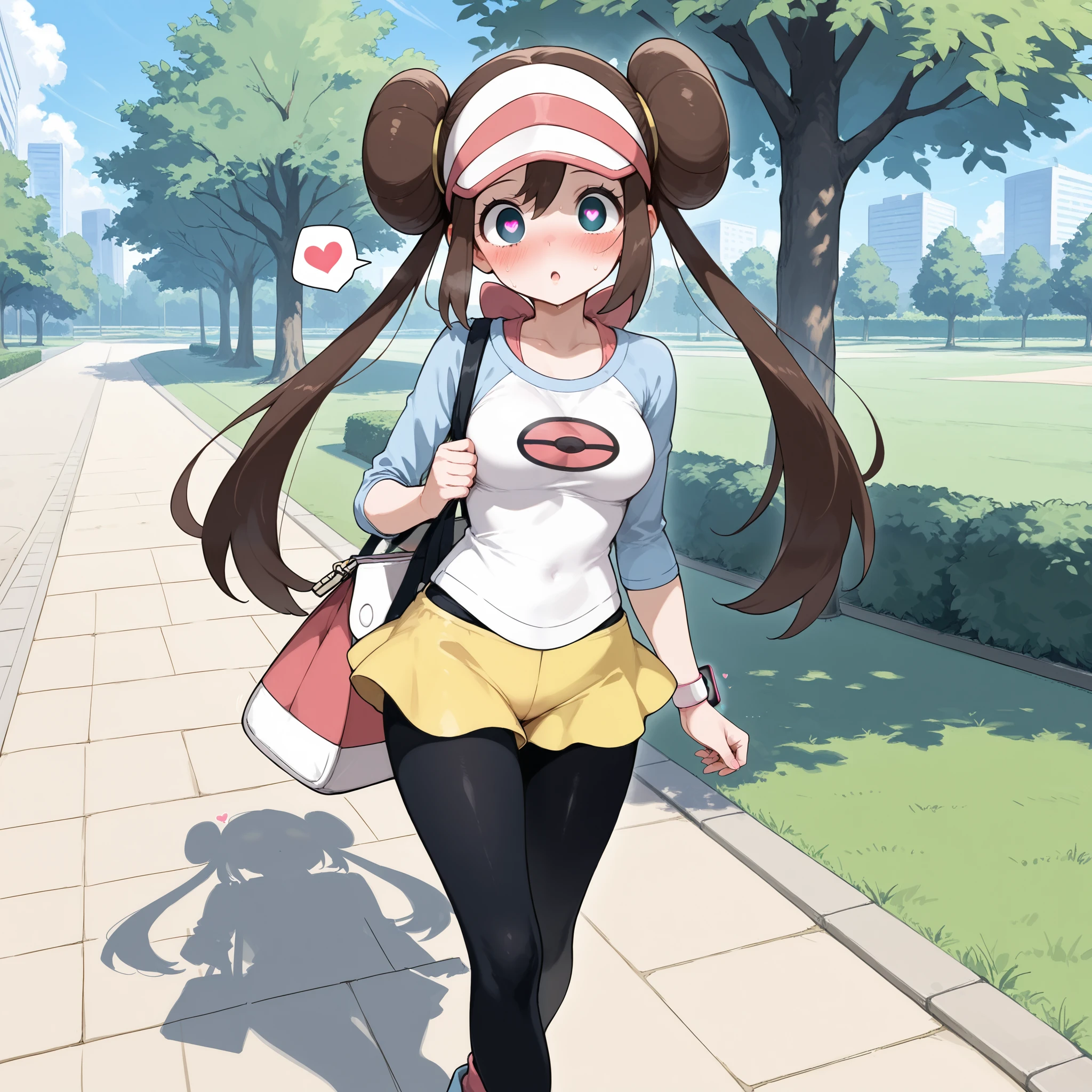 (masterpiece), best quality, expressive eyes, perfect face,masterpiece,best quality,amazing quality,1girl,solo,rosa_(pokemon),park,walking,confused,blush,mind control,hypnosis,hypnotized,empty eyes,heart-shaped pupils,sexually aroused,toragao,spoken heart,heart,eye symbol,phone
