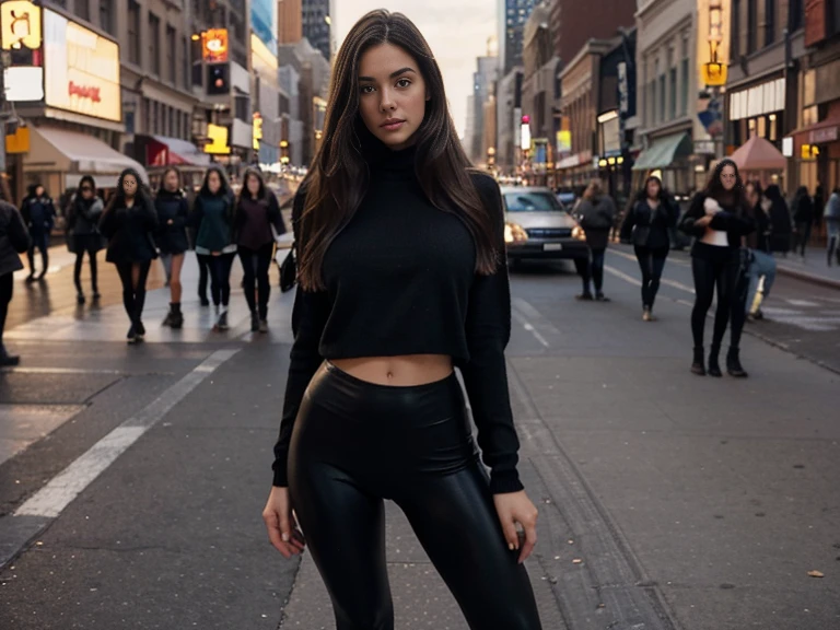 "A gorgeous, imposing brunette woman in a cool and relaxed hippie style is wearing a crop top and tight pants. Her body is toned, very sexy, athletic and hot suggests her enormous strength. She appears to be casually strolling through the busy cityscape of GTS City, like towering buildings looms over it. Smoke and clouds billow around it, adding to the sense of epic and dramatic scale. The lighting is dark, shadowy and realistic, creating a tense and ominous atmosphere.