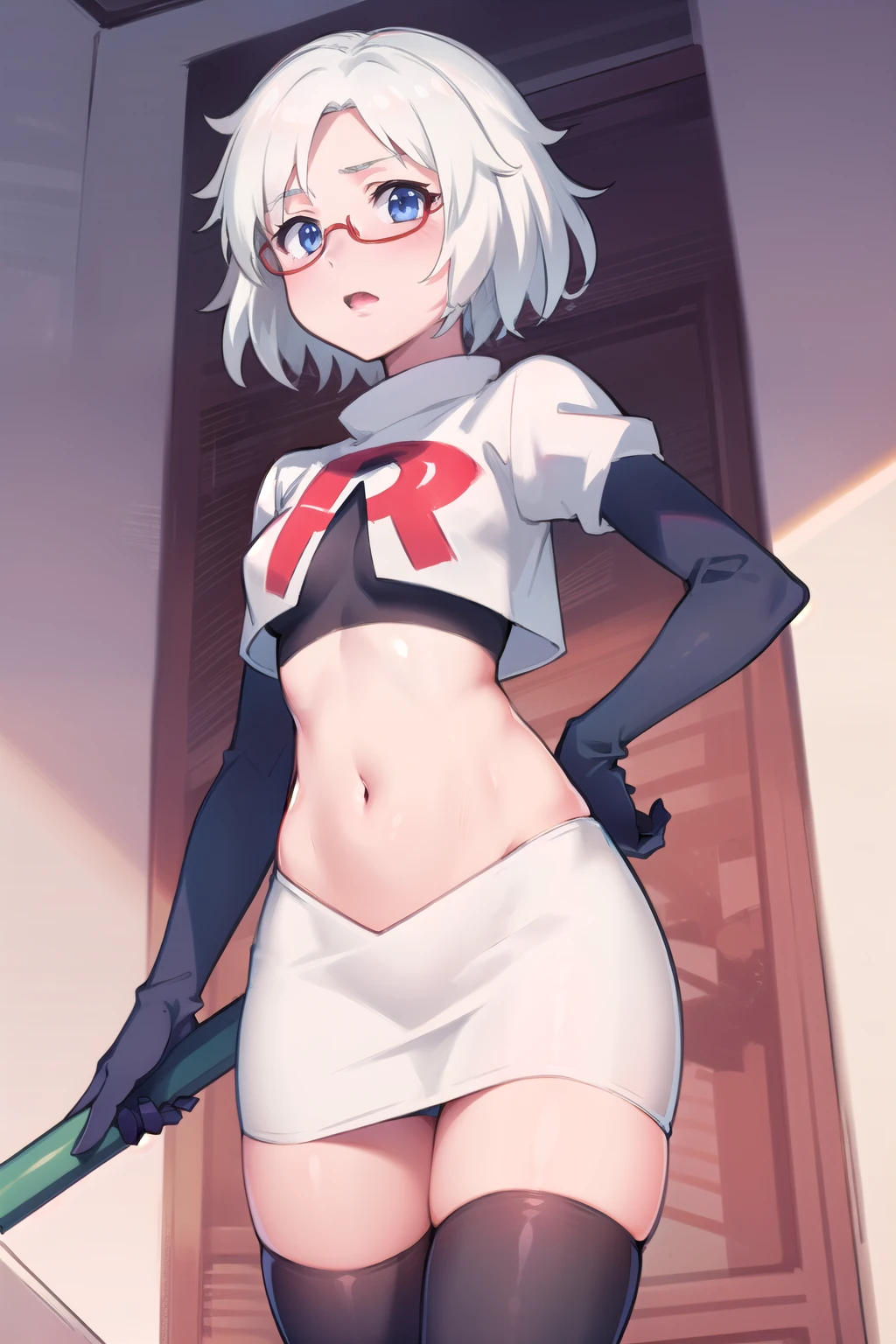 2b, 2b, (black blindfold:1.5), black hairband, blindfold, hairband, short hair, white hair,
BREAK hairband, robot, team rocket,team rocket uniform, red letter R, white skirt,white crop top,black thigh-highs,black elbow gloves,
BREAK looking at viewer,
BREAK (masterpiece:1.2), best quality, high resolution, unity 8k wallpaper, (illustration:0.8), (beautiful detailed eyes:1.6), extremely detailed face, perfect lighting, extremely detailed CG, (perfect hands, perfect anatomy),