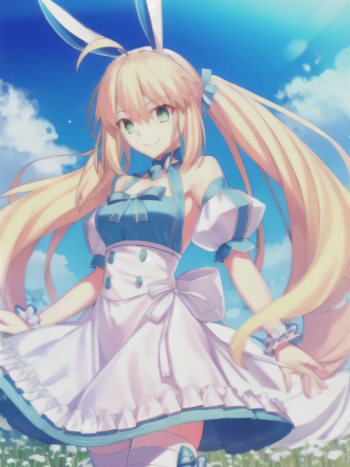 (extremely detailed CG), (best quality), 1girl, perfect face, very long hair,bright pupils, (finely detailed beautiful eyes), green eyes, shiny skin, lustrous skin, wide hips, narrow waist, dress, frills, twintails, ahoge, rabbit ears, striped, thighhighs, mismatched legwear, short sleeves, detached sleeves, puffy sleeves, striped, apron, bow, wrist cuffs, white footwear, smile, depth of field, flower field