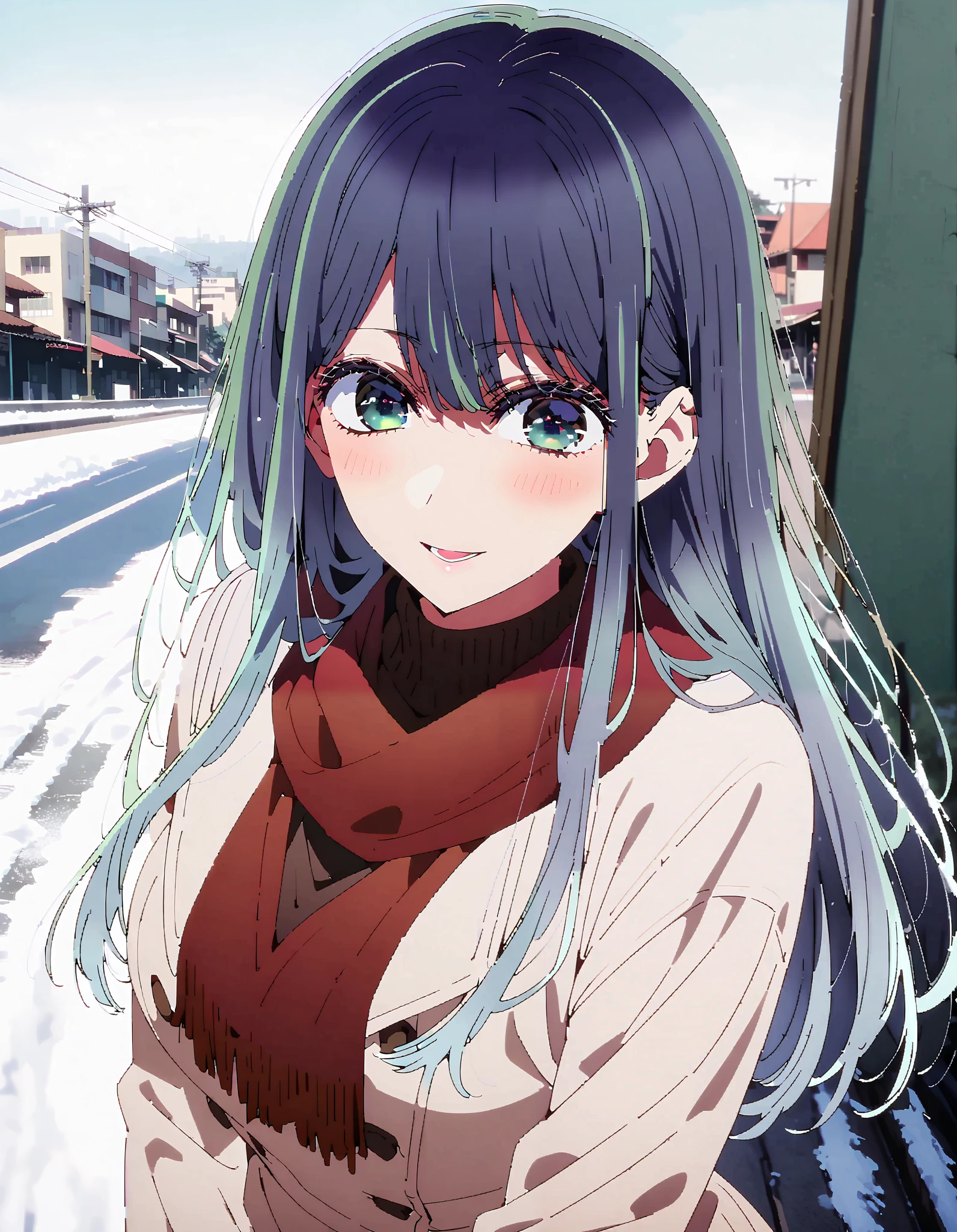 Akane Kurokawa, long hair, bangs, blue eyes,Alone, big breasts, black hair, blue hair , My hair color looks like 々, gradient hair ,smile,blush, open their mouths, red scarf,White Down Coat , ( sweater :1.2),( turtleneck:1.2), long skirt ,rib tights , grey pantyhose , boots, standing,snow,whole bodyがイラストに入るように, break looking at viewer,whole body,
break outdoors, Around town,
break ( Masterpiece:1.2), top quality , kampala,unity 8k wallpaper,(shape:0.8),( fine, beautiful eyes :1.6),It's a person ,whole body写真,CG Details , ( perfect hand, complete anatomy),
