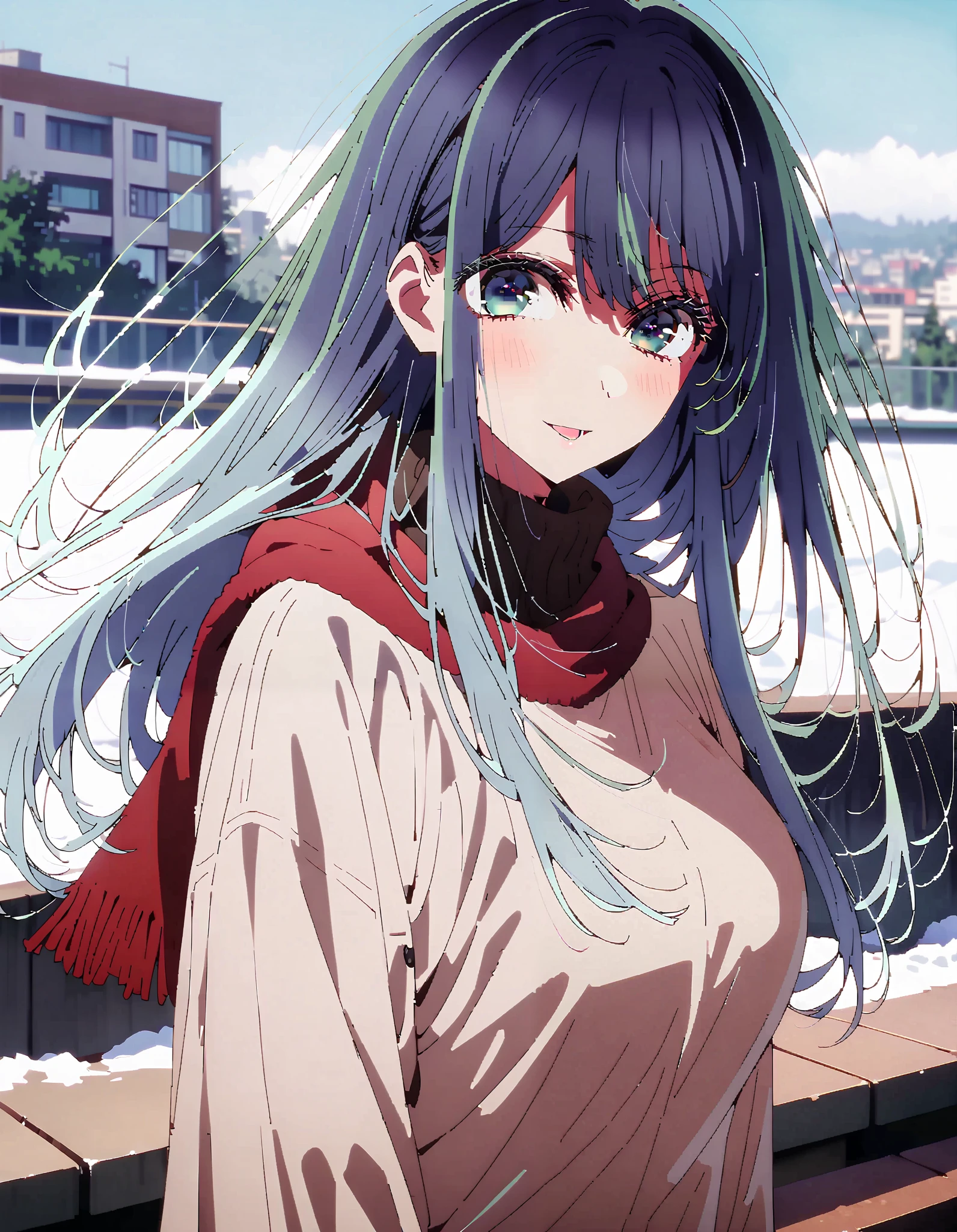 Akane Kurokawa, long hair, bangs, blue eyes,Alone, big breasts, black hair, blue hair , My hair color looks like 々, gradient hair ,smile,blush, open their mouths, red scarf,White Down Coat , ( sweater :1.2),( turtleneck:1.2), long skirt ,rib tights , grey pantyhose , boots, standing,snow,whole bodyがイラストに入るように, break looking at viewer,whole body,
break outdoors, Around town,
break ( Masterpiece:1.2), top quality , kampala,unity 8k wallpaper,(shape:0.8),( fine, beautiful eyes :1.6),It's a person ,whole body写真,CG Details , ( perfect hand, complete anatomy),
