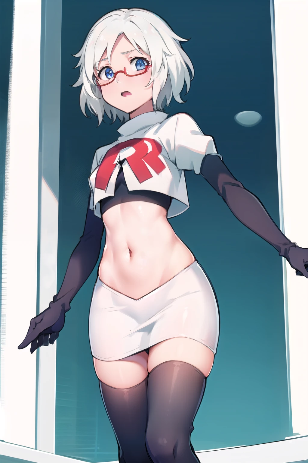 2b, 2b, (black blindfold:1.5), black hairband, blindfold, hairband, short hair, white hair,
BREAK hairband, robot, team rocket,team rocket uniform, red letter R, white skirt,white crop top,black thigh-highs,black elbow gloves,
BREAK looking at viewer,
BREAK (masterpiece:1.2), best quality, high resolution, unity 8k wallpaper, (illustration:0.8), (beautiful detailed eyes:1.6), extremely detailed face, perfect lighting, extremely detailed CG, (perfect hands, perfect anatomy),