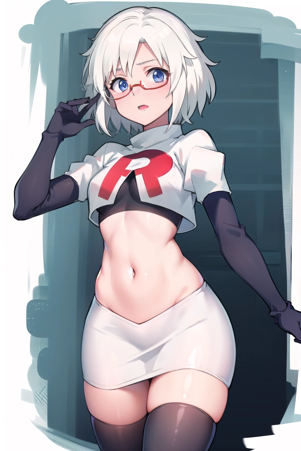 sucrose \(genshin impact\), glasses,team rocket,team rocket uniform, red letter R, white skirt,white crop top,black thigh-highs,black elbow gloves