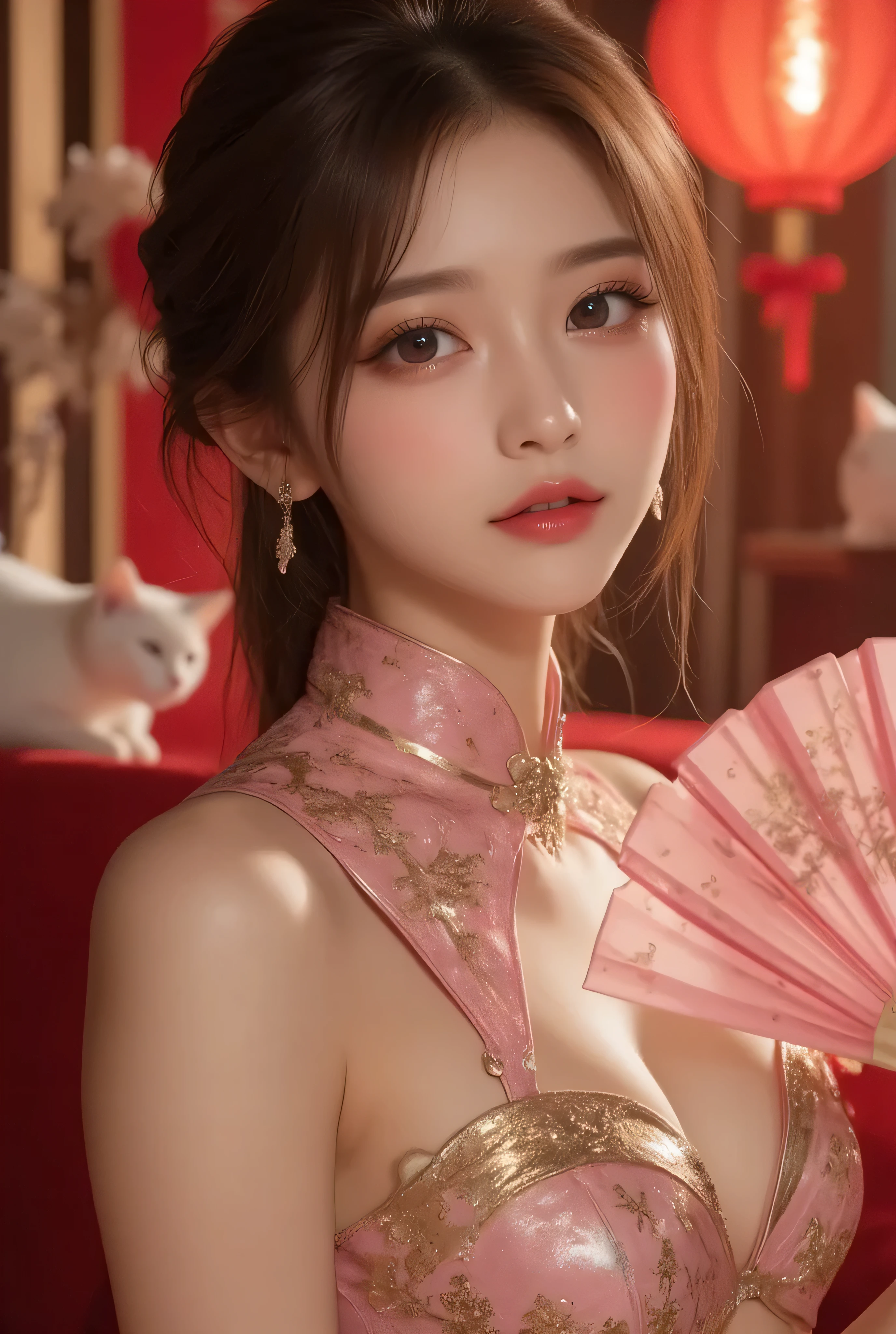 Cat ears、 face up, attractive, pretty girl, ponytail、 (( fine facial features , eroticism)), dramatic lighting , realistic , 8k, Dramatic Shadows , intricate and elaborate patterns , super detailed photo , chiaroscuro lighting , Pleasant colors , deep contrast , super real 、 pink lipstick、 warm room、Vintage Fireplace 、 cinematic composition、Close-up of face, pretty half part transparent open shoulder loose outfits dress, tang style, A beautiful Korean idol wearing a one piece red- black tightly cheongsam with phoenix and intricate floral golden embroidery, golden and silver outline on dress, hand hold pink feathers transparent Chinese fan with golden ink painting of bird and tree , standing gracefully in a room filled with traditional Chinese New Year decorations. The room features vibrant red lanterns, decorative calligraphy scrolls, a small Chinese orange tree with golden ornaments, and several red envelopes scattered across the floor and hanging from the tree. Adorable, playful cats are part of the scene—some sitting near the tree, others curiously pawing at the red envelopes or lounging around. Through a window or an open door in the background, vibrant Chinese fireworks light up the night sky in an array of reds, golds, and blues, casting a magical glow into the room. The idol’s outfit is paired with subtle accessories like red hairpins or earrings, complementing the festive look. The atmosphere is warm and lively, filled with the joyful essence of the celebration, enhanced by the shimmering lights of the fireworks and the lively decor.