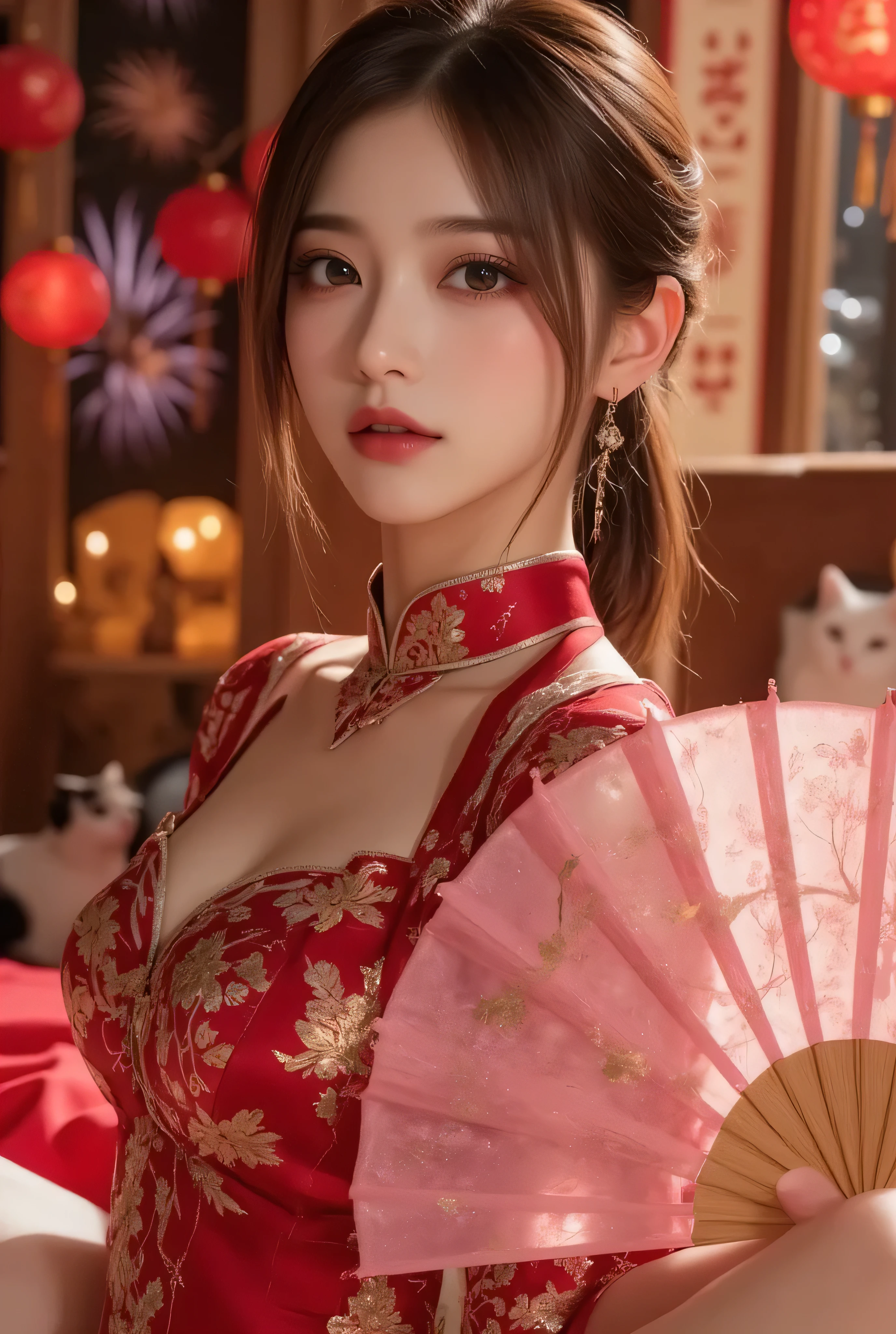 Cat ears、 face up, attractive, pretty girl, ponytail、 (( fine facial features , eroticism)), dramatic lighting , realistic , 8k, Dramatic Shadows , intricate and elaborate patterns , super detailed photo , chiaroscuro lighting , Pleasant colors , deep contrast , super real 、 pink lipstick、 warm room、Vintage Fireplace 、 cinematic composition、Close-up of face, pretty half part transparent open shoulder loose outfits dress, tang style, A beautiful Korean idol wearing a one piece red- black tightly cheongsam with phoenix and intricate floral golden embroidery, golden and silver outline on dress, hand hold pink feathers transparent Chinese fan with golden ink painting of bird and tree , standing gracefully in a room filled with traditional Chinese New Year decorations. The room features vibrant red lanterns, decorative calligraphy scrolls, a small Chinese orange tree with golden ornaments, and several red envelopes scattered across the floor and hanging from the tree. Adorable, playful cats are part of the scene—some sitting near the tree, others curiously pawing at the red envelopes or lounging around. Through a window or an open door in the background, vibrant Chinese fireworks light up the night sky in an array of reds, golds, and blues, casting a magical glow into the room. The idol’s outfit is paired with subtle accessories like red hairpins or earrings, complementing the festive look. The atmosphere is warm and lively, filled with the joyful essence of the celebration, enhanced by the shimmering lights of the fireworks and the lively decor.