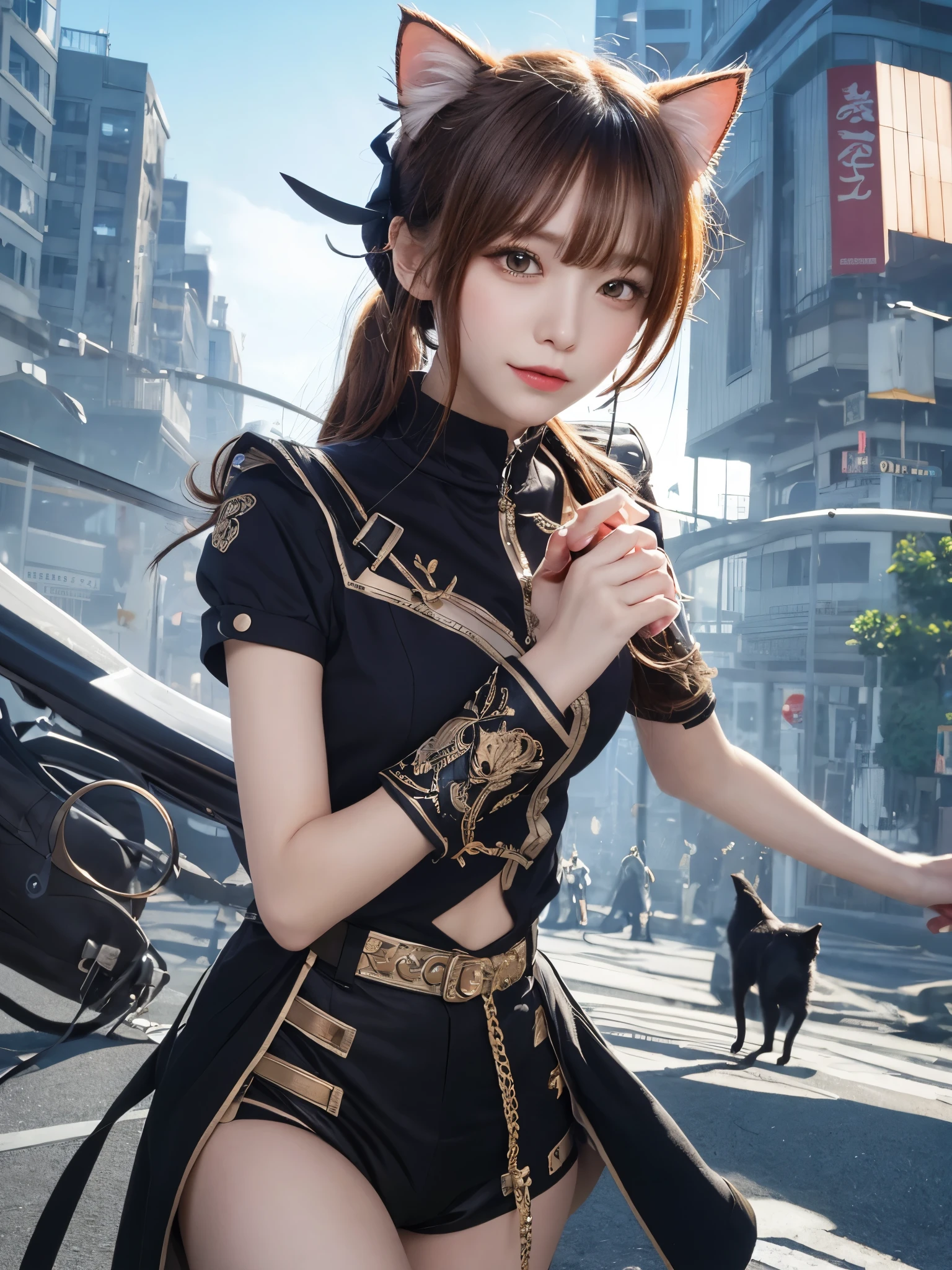 Anime girl in a black outfit with a cat ears and tail - SeaArt AI