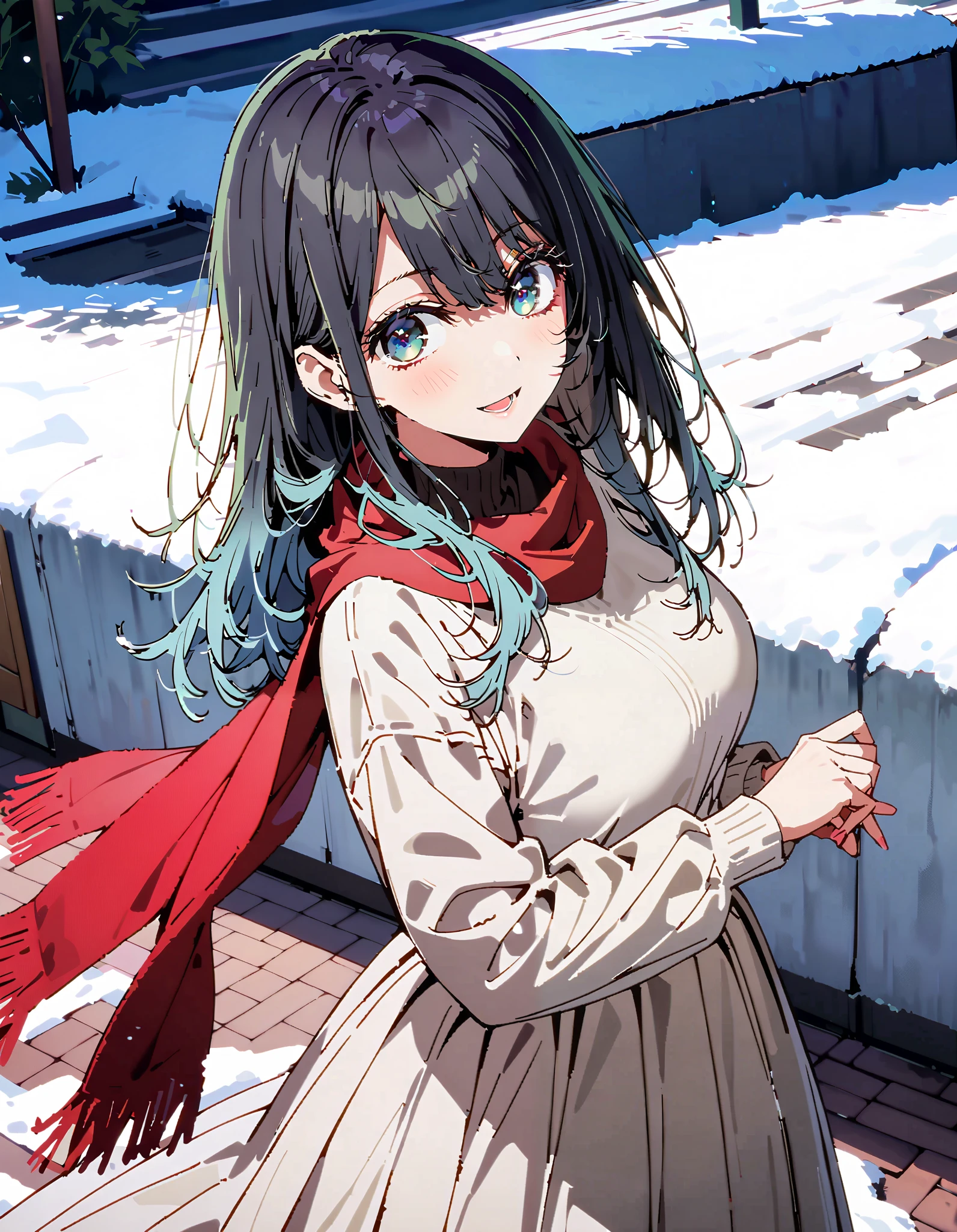 Akane Kurokawa, long hair, bangs, blue eyes,Alone, big breasts, black hair, blue hair , My hair color looks like 々, gradient hair ,smile,blush, open their mouths, red scarf,White Down Coat , ( sweater :1.2),( turtleneck:1.2), long skirt ,rib tights , grey pantyhose , boots, standing,snow,whole bodyがイラストに入るように, break looking at viewer,whole body,
break outdoors, Around town,
break ( Masterpiece:1.2), top quality , kampala,unity 8k wallpaper,(shape:0.8),( fine, beautiful eyes :1.6),It's a person ,whole body写真,CG Details , ( perfect hand, complete anatomy),