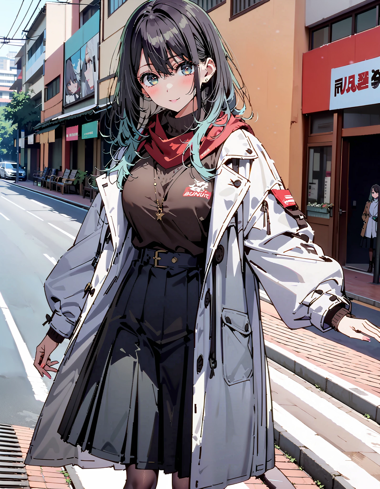 Akane Kurokawa, long hair, bangs, blue eyes,Alone, big breasts, black hair, blue hair , My hair color looks like 々, gradient hair ,smile,blush, open their mouths, red scarf,White Down Coat , ( sweater :1.2),( turtleneck:1.2), long skirt ,rib tights , grey pantyhose , boots, standing,snow,whole bodyがイラストに入るように, break looking at viewer,whole body,
break outdoors, Around town,
break ( Masterpiece:1.2), top quality , kampala,unity 8k wallpaper,(shape:0.8),( fine, beautiful eyes :1.6),It's a person ,whole body写真,CG Details , ( perfect hand, complete anatomy),