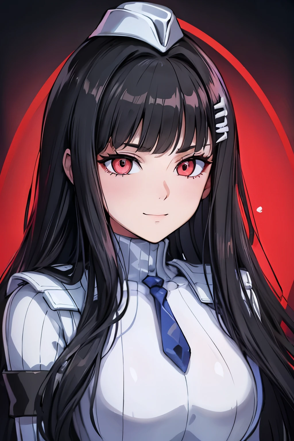  masterpiece,  highest quality , ( highest quality ), ( Best Illustrations), ( high resolution sweatshirt),8K, close up of the face,on the bed, {{{ masterpiece}}}, {{{ better quality}}}, {{ super detailed}}, {{ very delicate and beautiful }}, smile,black doll outfit,doll outfit,{{{ better quality}}}, {{ super detailed}},  masterpiece,  highest quality , ( highest quality ), ( Best Illustrations), 8K,{{{ masterpiece}}}, {{{ better quality}}}, {{ super detailed}}, {{{ better quality}}}, {{ super detailed}},  close up of the face, river,  black hair, (Ojos rojos:1.5),  hair ornament ,  pinza ,  long hair,