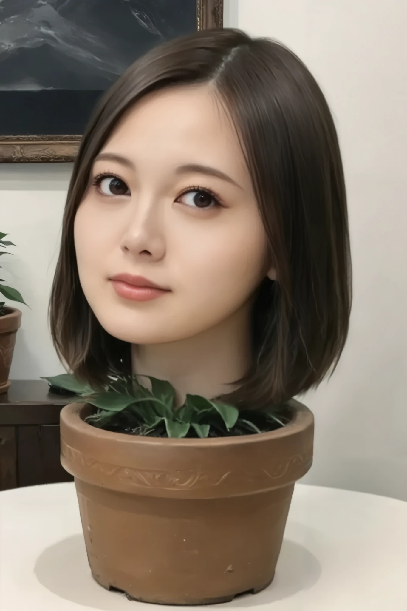 score_9, score_8_up, score_7_up, rating_safe, source_real, high resolution photograph, photo realistic, masterpiece, best quality, amazing quality, very aesthetic, absurdres, newest, intricate details, extremely detailed, professional lighting, 1girl, solo focus, (disembodied head of a young Japanese woman in a (flower-pot) on the table:1.2), face focus, close-up of her head, short bob cut black hair with forehead, detailed face, detailed eyes, sophisticated nose, indoors, daylight,,