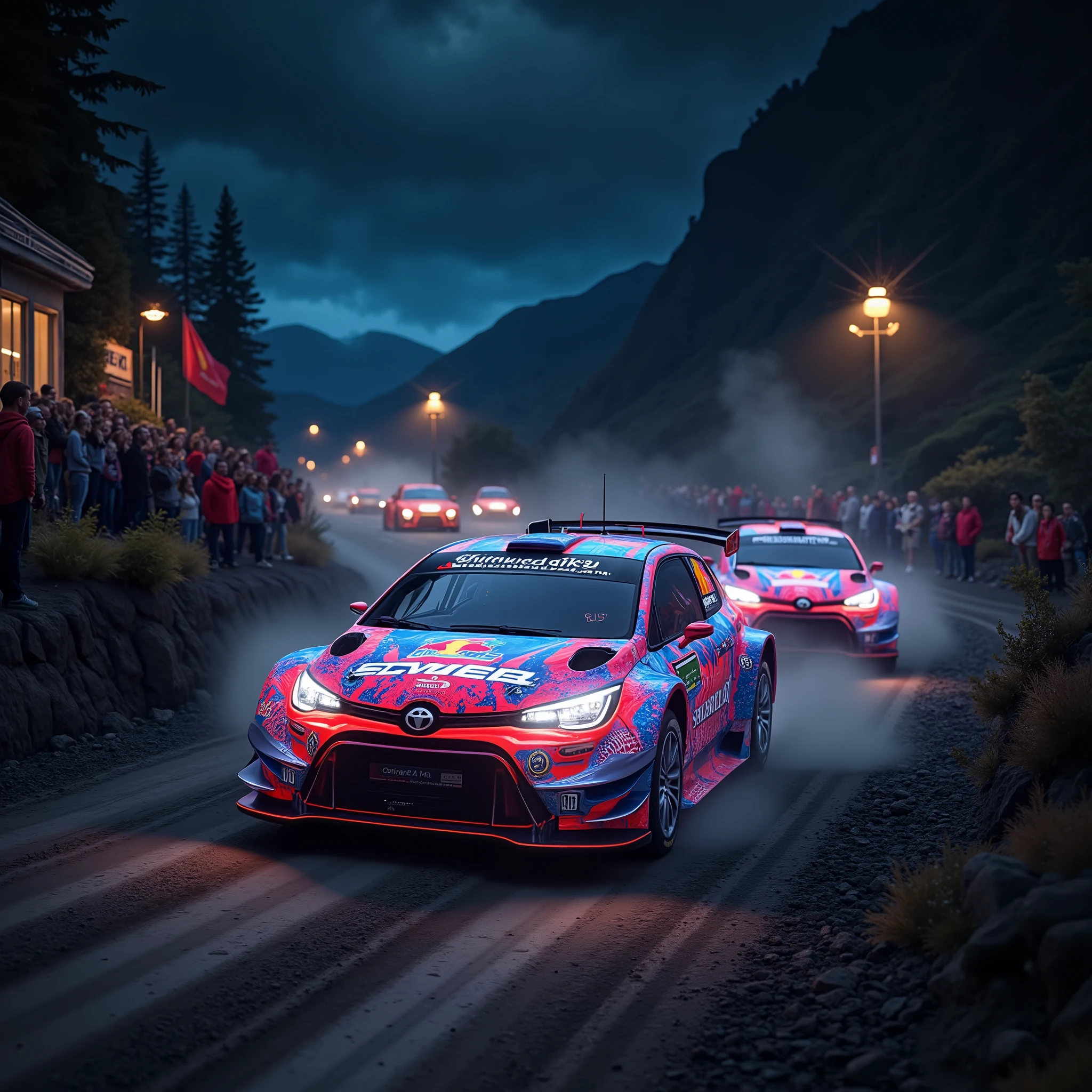 Ultra-realistic,Photorealistic,Dramatic Scene,Global Illumination,Dramatically depicts a night race of WRC rally cars on a dirt road at night. WRC rally cars decorated with holographic advertising designs race around the dirt road race course, the light trails left by the headlights of the WRC rally cars during the race, the flags held by the race course officials fluttering, the dust raised by the race cars, and the excitement of a large number of spectators shouting in excitement are expressed on the race course.