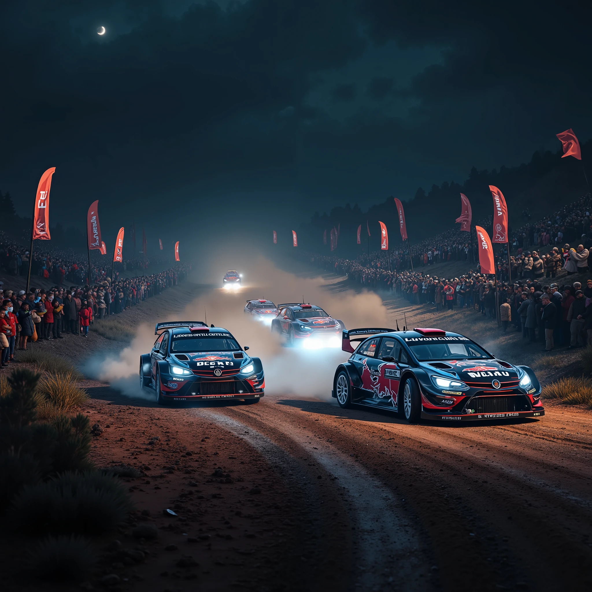 score_9,score_8_up,score_7_up,score_6_up,score_5_up,score_4_up,source_real photo,Ultra-realistic,Photorealistic,Dramatic Scene,Global Illumination,Dramatically depicts a night race of WRC rally cars on a dirt road at night. WRC rally cars decorated with holographic advertising designs race around the dirt road race course, the light trails left by the headlights of the WRC rally cars during the race, the flags held by the race course officials fluttering, the dust raised by the race cars, and the excitement of a large number of spectators shouting in excitement are expressed on the race course.