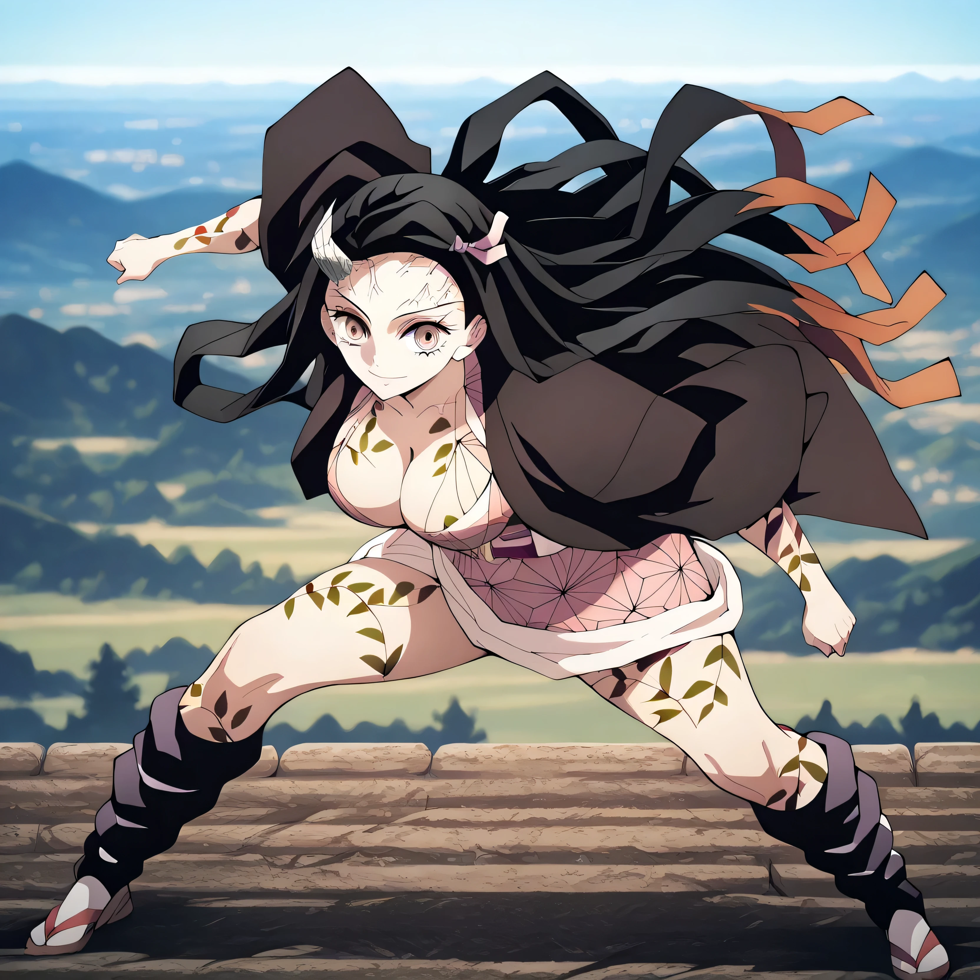 masterpiece, best quality , incredible quality, very aesthetic , absurdities, newest, landscape, highly detailed, high resolution,female,woman, Nezuko Kamado, long hair, brown eyes, fair skin , shiny texture , pink lips, simple background,blue background, full body, sharp focus, Average depth of field, light smile , looking at the viewer, Clean lines,Soft lines,sharp, masterpiece, best quality , incredible quality, very aesthetic , absurdities, newest, landscape
Big breasts, full body view