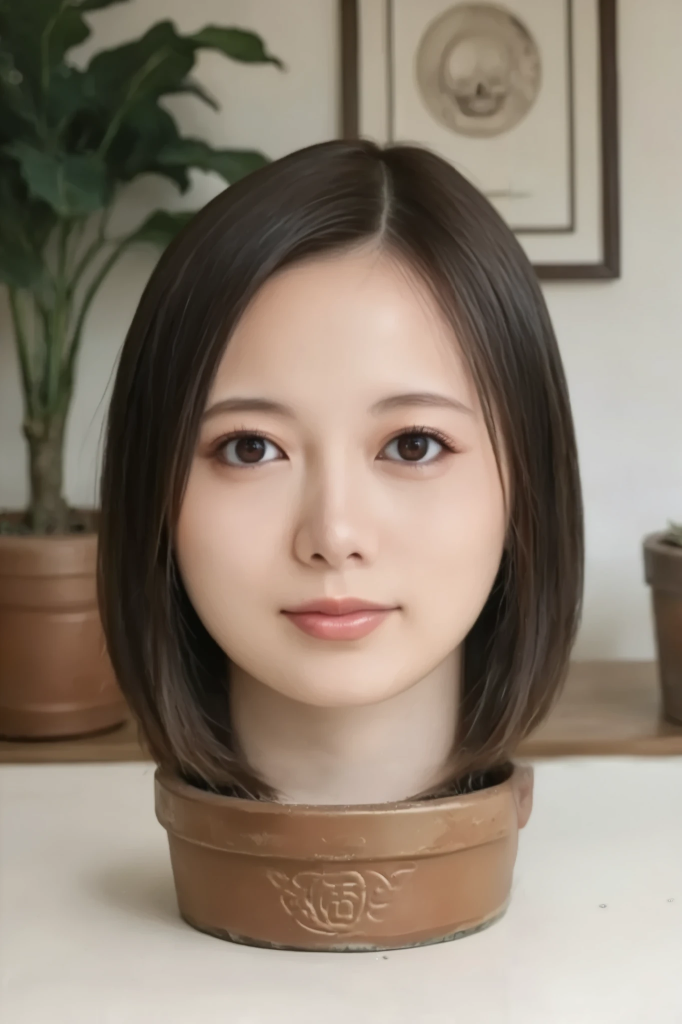 score_9, score_8_up, score_7_up, rating_safe, source_real, high resolution photograph, photo realistic, masterpiece, best quality, amazing quality, very aesthetic, absurdres, newest, intricate details, extremely detailed, professional lighting, 1girl, solo focus, (disembodied head of a young Japanese woman in a (flower-pot) on the table:1.2), face focus, close-up of her head, short bob cut black hair with forehead, detailed face, detailed eyes, sophisticated nose, indoors, daylight,,