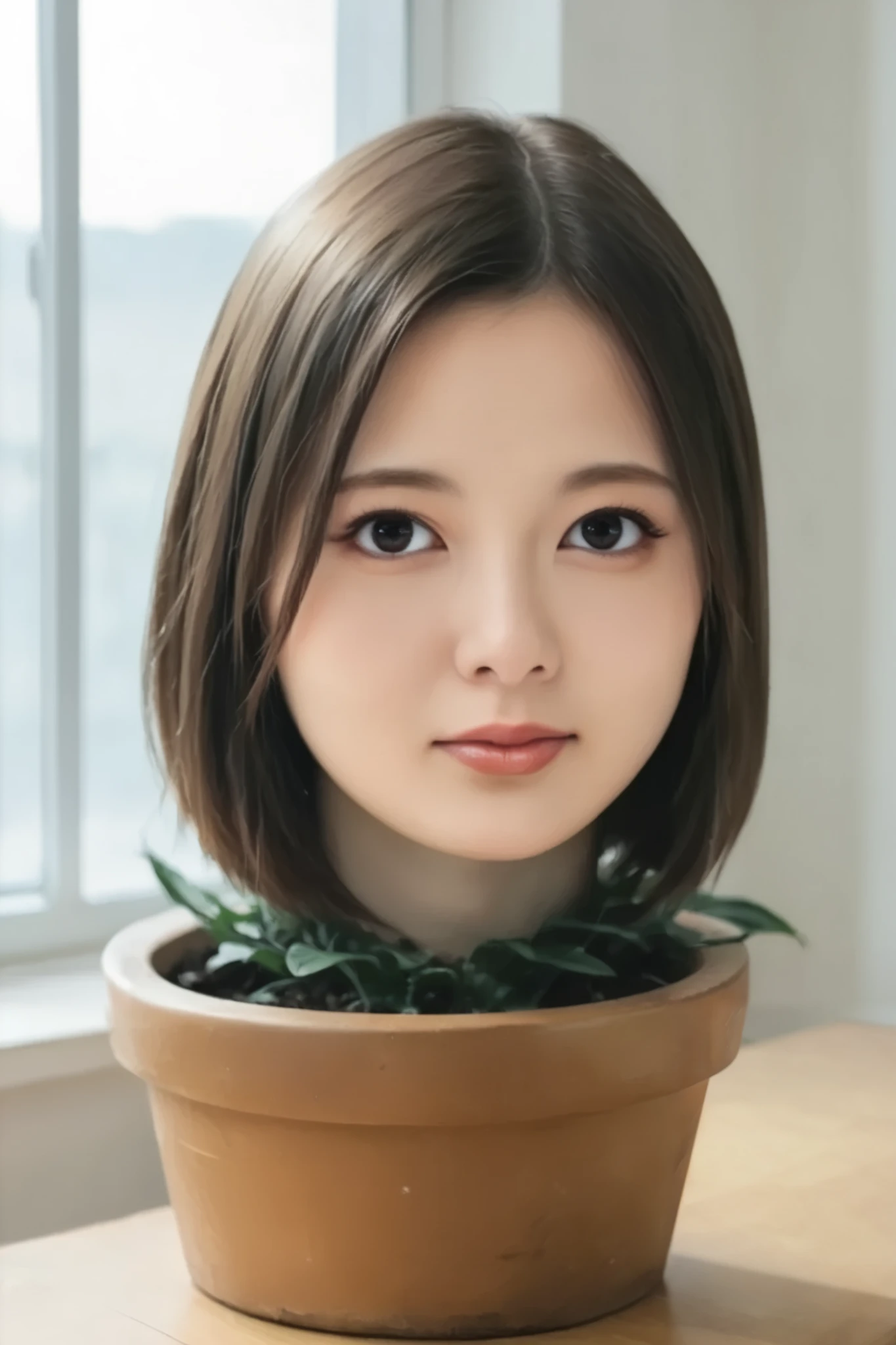 score_9, score_8_up, score_7_up, rating_safe, source_real, high resolution photograph, photo realistic, masterpiece, best quality, amazing quality, very aesthetic, absurdres, newest, intricate details, extremely detailed, professional lighting, 1girl, solo focus, (disembodied head of a young Japanese woman in a (flower-pot) on the table:1.2), face focus, close-up of her head, short bob cut black hair with forehead, detailed face, detailed eyes, sophisticated nose, indoors, daylight,,