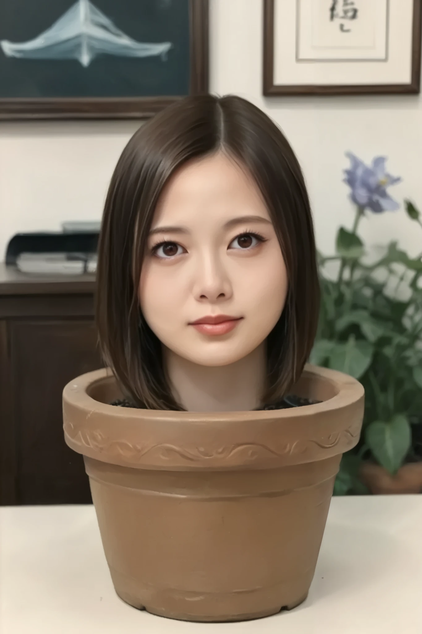 score_9, score_8_up, score_7_up, rating_safe, source_real, high resolution photograph, photo realistic, masterpiece, best quality, amazing quality, very aesthetic, absurdres, newest, intricate details, extremely detailed, professional lighting, 1girl, solo focus, (disembodied head of a young Japanese woman in a (flower-pot) on the table:1.2), face focus, close-up of her head, short bob cut black hair with forehead, detailed face, detailed eyes, sophisticated nose, indoors, daylight,,