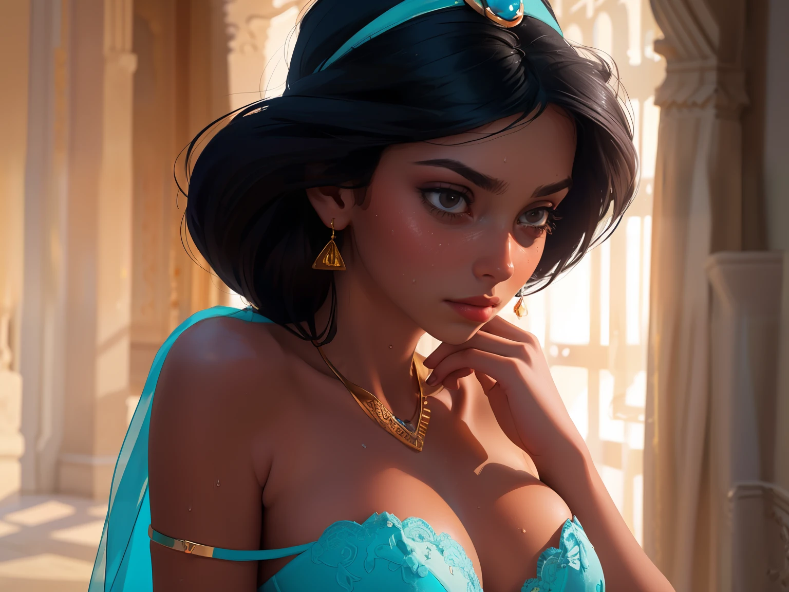 Generate a close-up image of scared looking Princess Jasmine's cleavage, focusing on the deep valley between her ample breasts, with her golden locket nestled snugly in the center, the curves of her breasts rising up on either side, her skin smooth and luminous, the locket's chain disappearing into the shadows, the image cropped tightly to emphasize the intimate detail, with soft, warm lighting highlighting the gentle contours of her flesh and the intricate design of the locket, her breasts pressed together, causing the locket to be wedged firmly in place, accentuating the sensual curve of her bosom. (sweaty body) medium breasts , perfect nipples, light color areola, sweaty shiny breasts, princess smooth skin, jasmine
bokeh, f1.4, 40mm, photorealistic, raw, 8k, textured skin, skin pores, intricate details epiCRealism