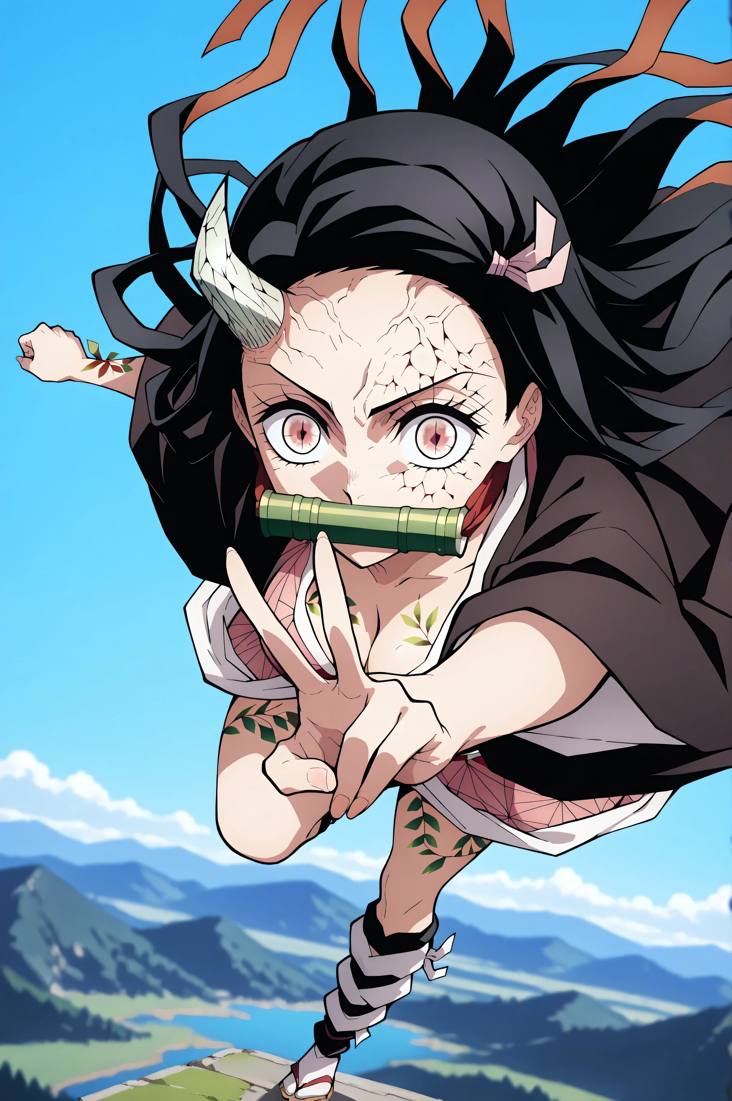 masterpiece, best quality , incredible quality, very aesthetic , absurdities, newest, landscape, highly detailed, high resolution,female,woman, Nezuko Kamado, bleach , long hair, brown eyes, fair skin , shiny texture , pink lips, simple background,blue background,v sign, A Hand , heart,portrait, full body, sharp focus, Average depth of field, light smile , looking at the viewer, Clean lines,Soft lines,sharp, masterpiece, best quality , incredible quality, very aesthetic , absurdities, newest, landscape
Seios grandes,