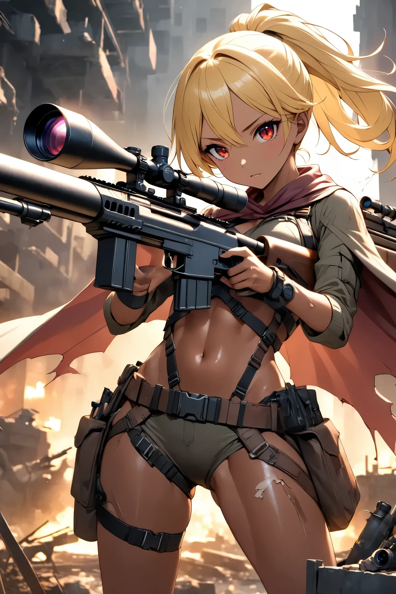 Beautiful female sniper in a sniper position in the apocalyptic world 、 sniper rifle with a cape、 anatomically correct posture 、 equipped with lots of tools on a tanned leather tool belt、Full Harness、 perfect eyes、Glossy brown skin 、Tattered clothes、 movie light effects, ponytail 、Shiny yellow hair、 red eyes