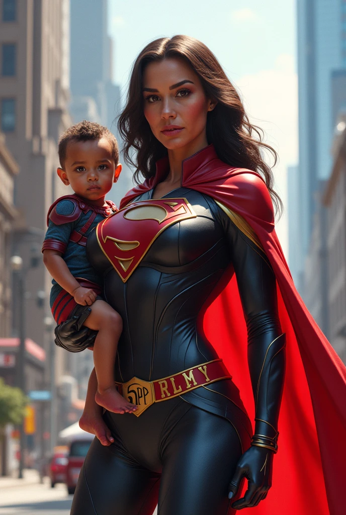 full body portrait of an indian mother dressed as super woman wearing a fully covered super woman cape with letter 'S' in it and a one year old baby dressed as wonder woman, 32k uhd, high definition, high detailed, no noise, filmy background , with the banner happy 1st bday seen behind , eyes facing the camera