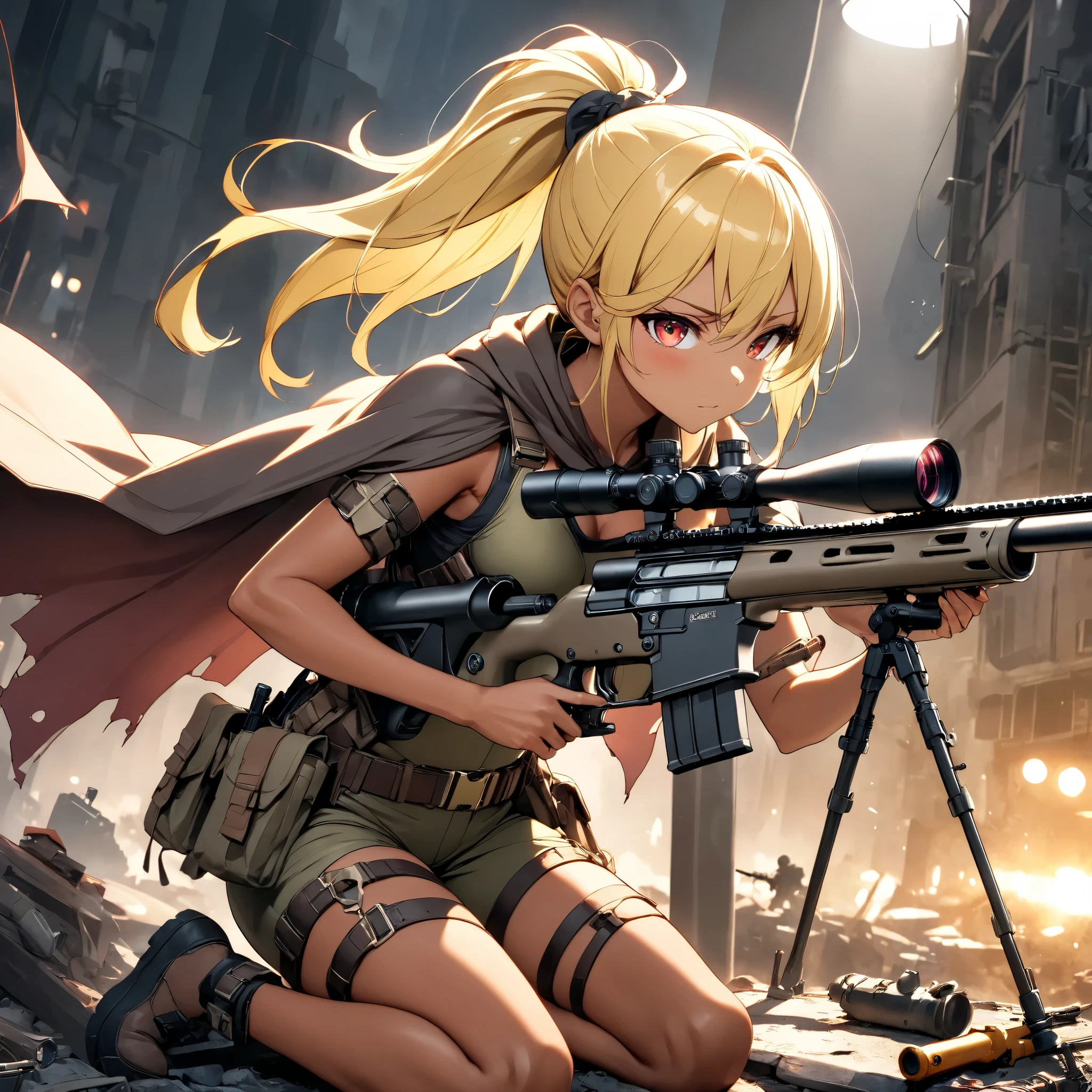 Beautiful female sniper in a sniper position in the apocalyptic world 、 sniper rifle with a cape、 anatomically correct posture 、 equipped with lots of tools on a tanned leather tool belt、Full Harness、 perfect eyes、Glossy brown skin 、Tattered clothes、 movie light effects, ponytail 、Shiny yellow hair、 red eyes