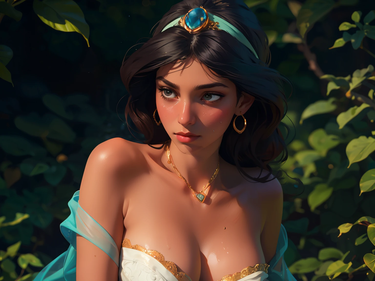 Generate a close-up image of scared looking Princess Jasmine's cleavage, focusing on the deep valley between her ample breasts, with her golden locket nestled snugly in the center, the curves of her breasts rising up on either side, her skin smooth and luminous, the locket's chain disappearing into the shadows, the image cropped tightly to emphasize the intimate detail, with soft, warm lighting highlighting the gentle contours of her flesh and the intricate design of the locket, her breasts pressed together, causing the locket to be wedged firmly in place, accentuating the sensual curve of her bosom. (sweaty body) medium breasts , perfect nipples, light color areola, sweaty shiny breasts, princess smooth skin, jasmine
bokeh, f1.4, 40mm, photorealistic, raw, 8k, textured skin, skin pores, intricate details epiCRealism