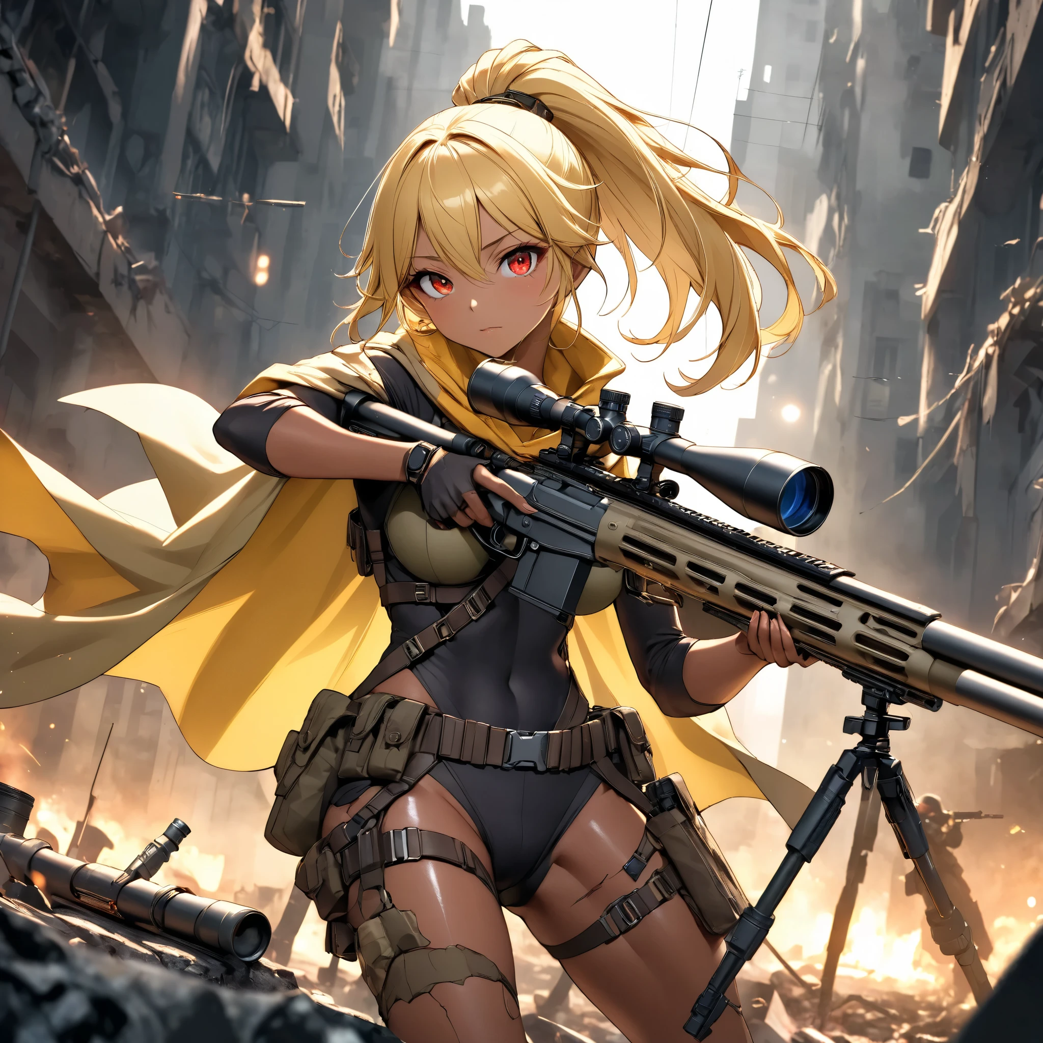 Beautiful female sniper in a sniper position in the apocalyptic world 、 sniper rifle with a cape、 anatomically correct posture 、 equipped with lots of tools on a tanned leather tool belt、Full Harness、 perfect eyes、Glossy brown skin 、Tattered clothes、 movie light effects, ponytail 、Shiny yellow hair、 red eyes