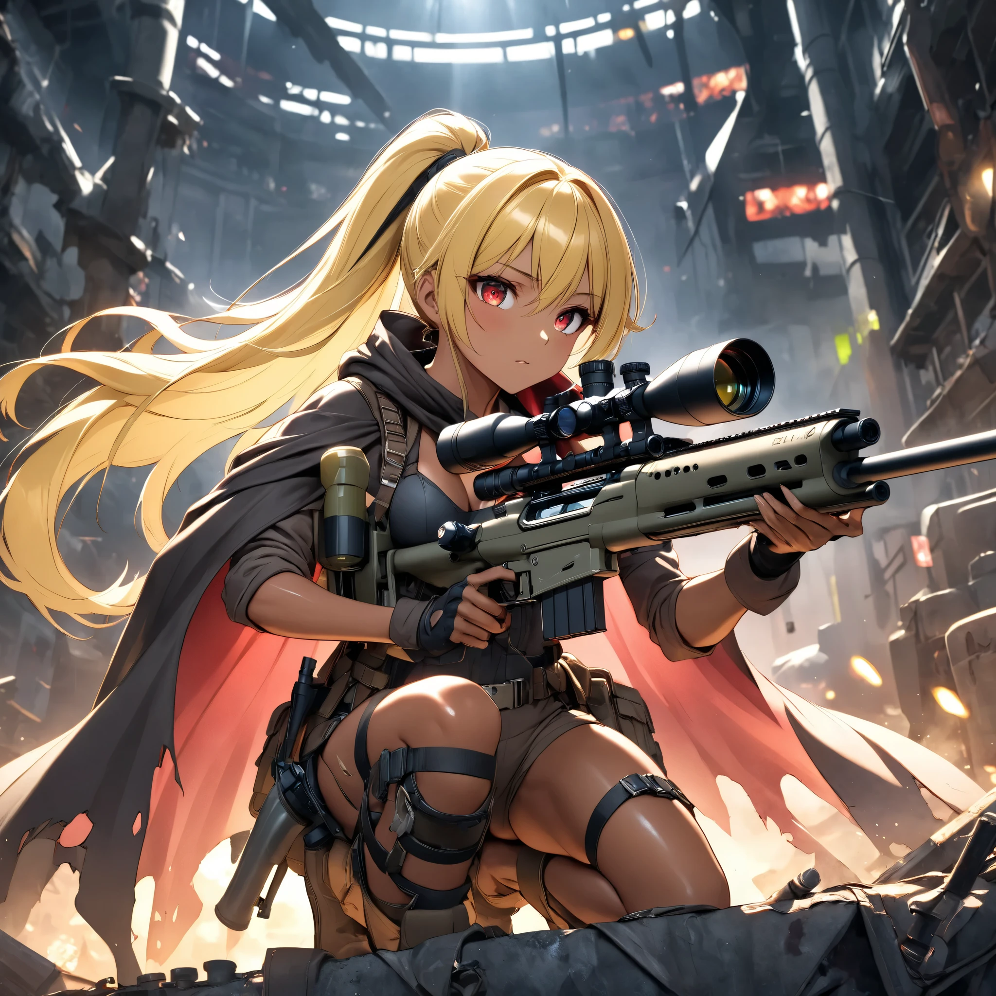 Beautiful female sniper in a sniper position in the apocalyptic world 、 sniper rifle with a cape、 anatomically correct posture 、 equipped with lots of tools on a tanned leather tool belt、Full Harness、 perfect eyes、Glossy brown skin 、Tattered clothes、 movie light effects, ponytail 、Shiny yellow hair、 red eyes