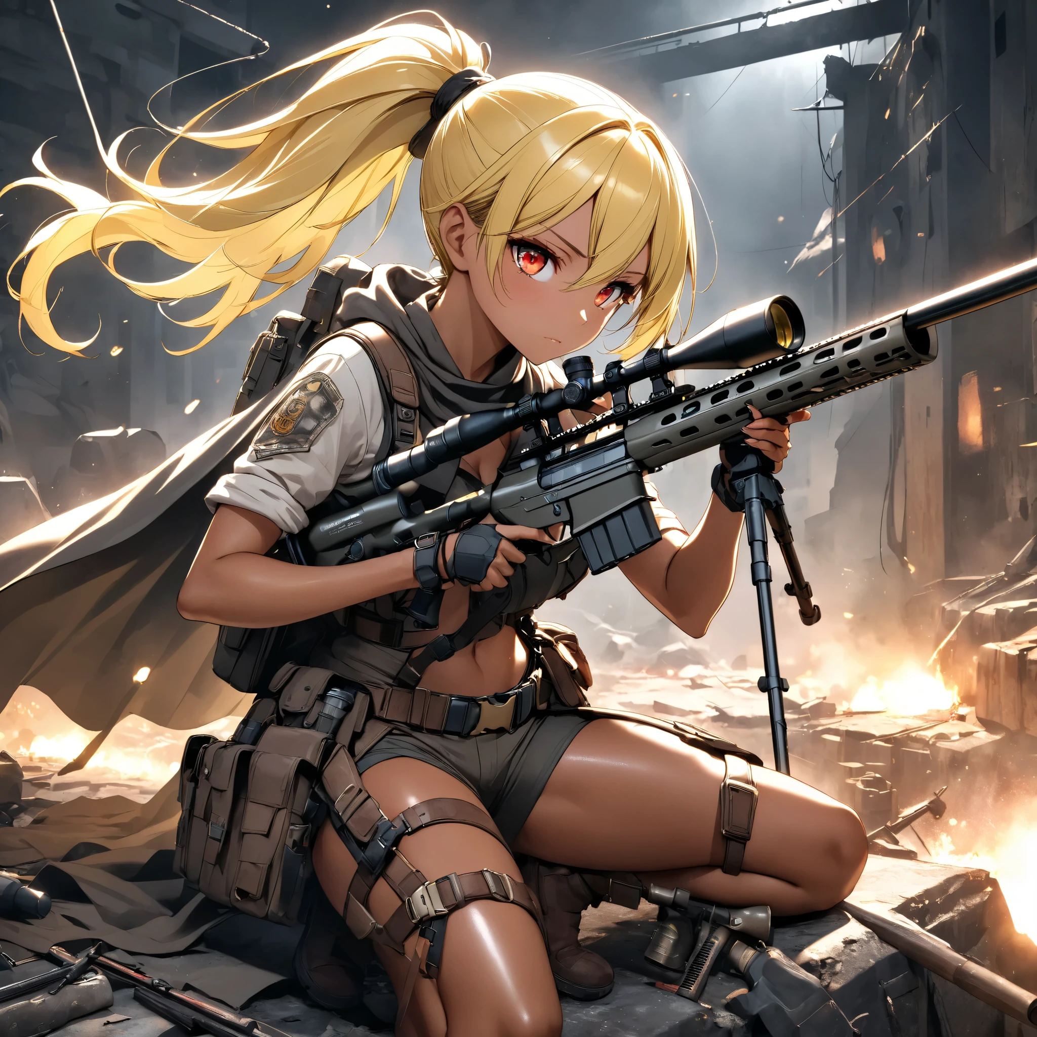 Beautiful female sniper in a sniper position in the apocalyptic world 、 sniper rifle with a cape、 anatomically correct posture 、 equipped with lots of tools on a tanned leather tool belt、Full Harness、 perfect eyes、Glossy brown skin 、Tattered clothes、 movie light effects, ponytail 、Shiny yellow hair、 red eyes