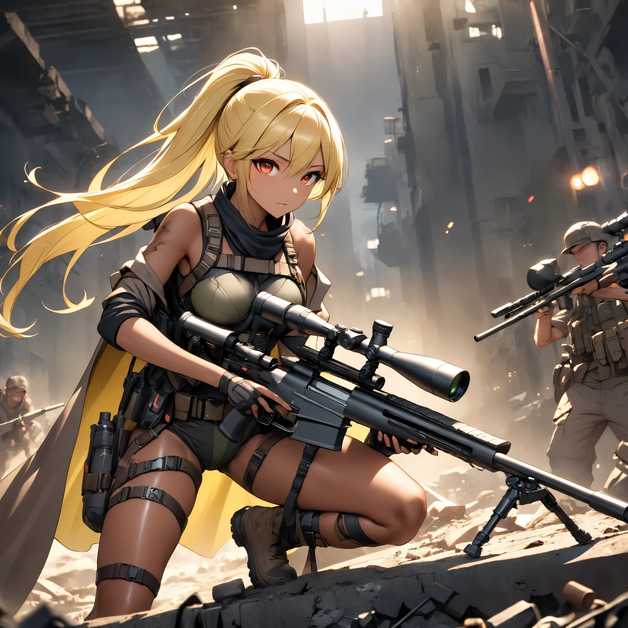 Beautiful female sniper in a sniper position in the apocalyptic world 、 sniper rifle with a cape、 anatomically correct posture 、 equipped with lots of tools on a tanned leather tool belt、Full Harness、 perfect eyes、Glossy brown skin 、Tattered clothes、 movie light effects, ponytail 、Shiny yellow hair、 red eyes