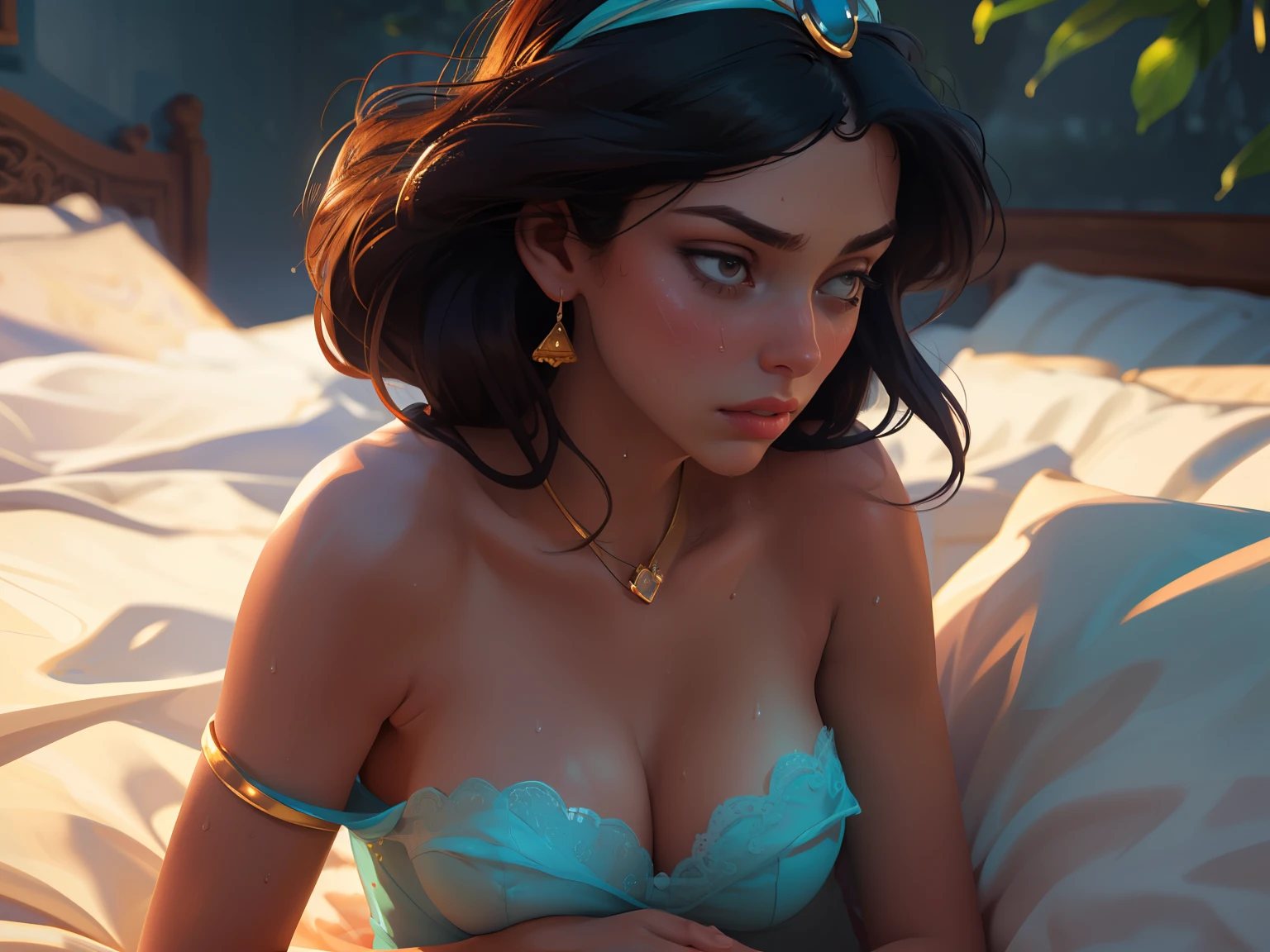 Generate a close-up image of scared looking Princess Jasmine's cleavage, focusing on the deep valley between her ample , with her golden locket nestled snugly in the center, the curves of her  rising up on either side, her skin smooth and luminous, the locket's chain disappearing into the shadows, the image cropped tightly to emphasize the intimate detail, with soft, warm lighting highlighting the gentle contours of her flesh and the intricate design of the locket, her  pressed together, causing the locket to be wedged firmly in place, accentuating the sensual curve of her . (sweaty body)  , perfect , light color , sweaty shiny , princess smooth skin,  jasmine
bokeh, f1.4, 40mm, photorealistic, raw, 8k, textured skin, skin pores, intricate details  epiCRealism