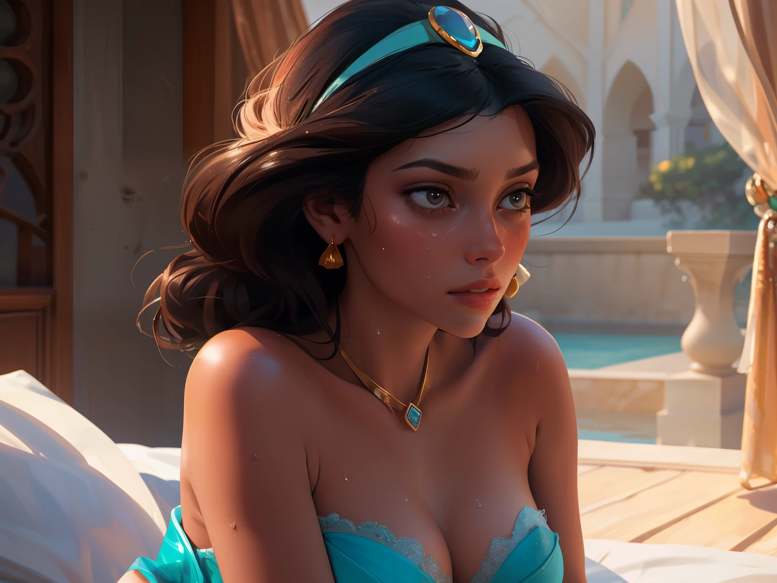 Generate a close-up image of scared looking Princess Jasmine's cleavage, focusing on the deep valley between her ample breasts, with her golden locket nestled snugly in the center, the curves of her breasts rising up on either side, her skin smooth and luminous, the locket's chain disappearing into the shadows, the image cropped tightly to emphasize the intimate detail, with soft, warm lighting highlighting the gentle contours of her flesh and the intricate design of the locket, her breasts pressed together, causing the locket to be wedged firmly in place, accentuating the sensual curve of her bosom. (sweaty body) medium breasts , perfect nipples, light color areola, sweaty shiny breasts, princess smooth skin,  jasmine
bokeh, f1.4, 40mm, photorealistic, raw, 8k, textured skin, skin pores, intricate details  epiCRealism