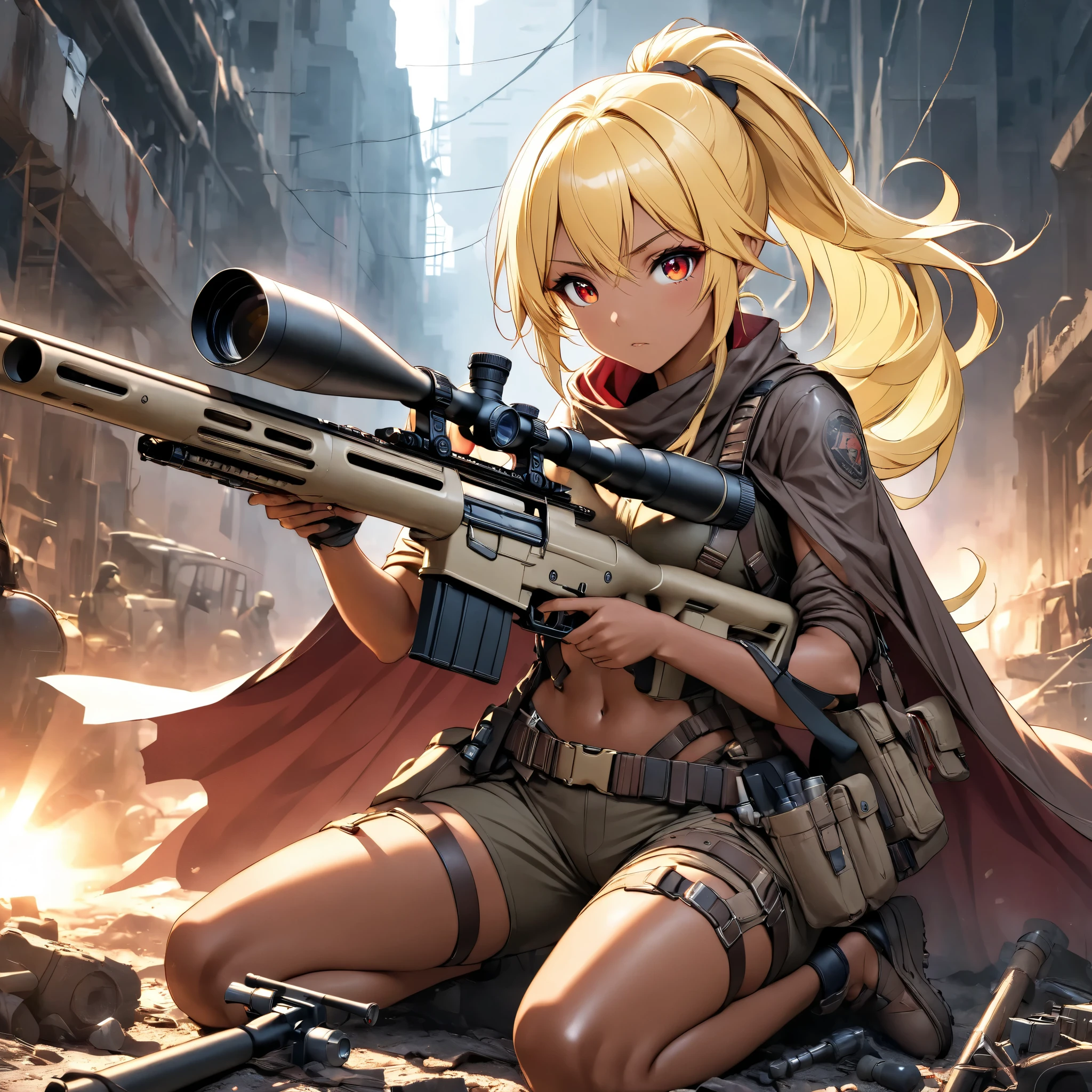 Beautiful female sniper in a sniper position in the apocalyptic world 、 sniper rifle with a cape、 anatomically correct posture 、 equipped with lots of tools on a tanned leather tool belt、Full Harness、 perfect eyes、Glossy brown skin 、Tattered clothes、 movie light effects, ponytail 、Shiny yellow hair、 red eyes