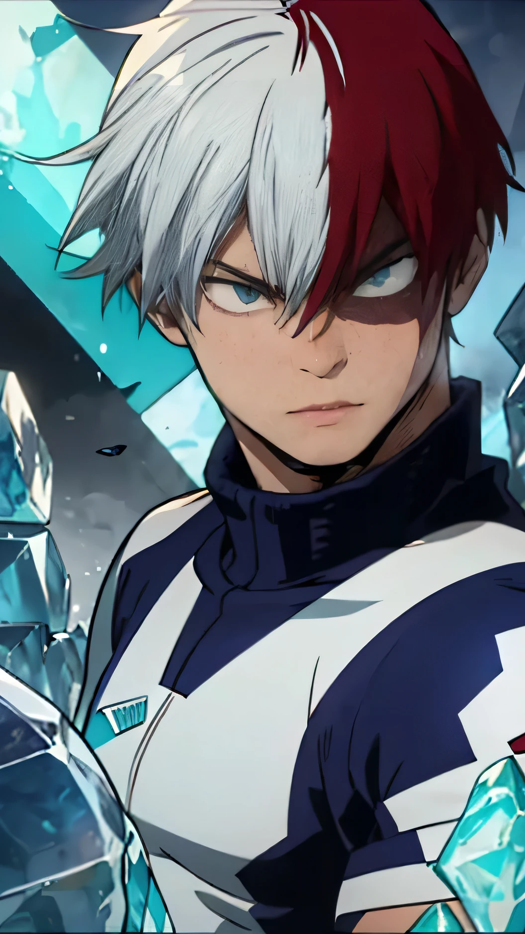 "8K UHD, hyper-realistic, ultra-detailed, cinematic lighting, Shoto Todoroki in a full-body and close-up shot, faithful to his anime design, heterochromia eyes (left gray, right turquoise) with deep reflections, perfectly split red and white hair styled just like in the anime, smooth and natural shading, lean yet athletic build, wearing his blue UA hero costume with silver accents, highly detailed fabric with realistic textures, one side of his body emitting cold mist and detailed frozen ice shards, the other side radiating vivid orange flames with natural glow, calm but intense expression, slightly furrowed eyebrows showing inner conflict, ultra-realistic shading and lighting while maintaining anime proportions, battle-ready pose with precise fire and ice control, background inspired by a frozen battlefield, subtle embers and snowflakes in the air, HDR, ultra-sharp definition."