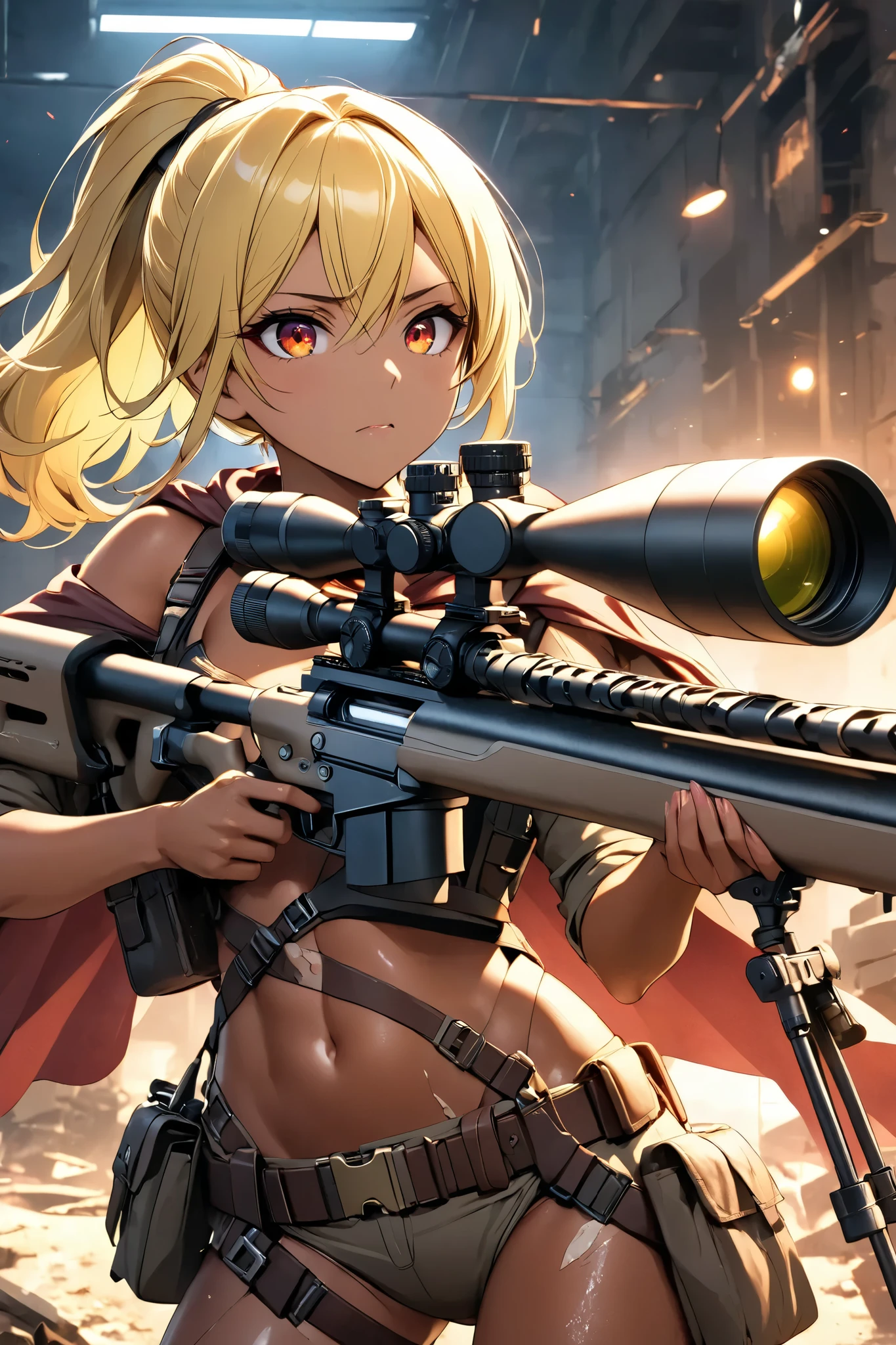 Beautiful female sniper in a sniper position in the apocalyptic world 、 sniper rifle with a cape、 anatomically correct posture 、 equipped with lots of tools on a tanned leather tool belt、Full Harness、 perfect eyes、Glossy brown skin 、Tattered clothes、 movie light effects, ponytail 、Shiny yellow hair、 red eyes