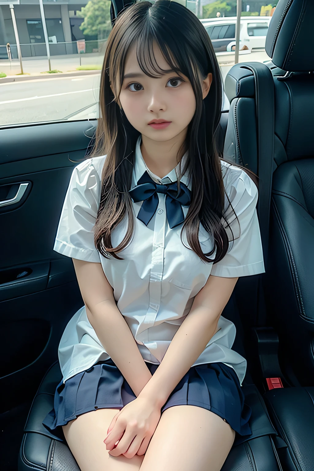 (masutepiece, Best Quality:1.2), 8K, 15yo student, 85 mm, Official art, Raw photo, absurderes, White dress shirts, Pretty Face, close up, Upper body, violaceaess, gardeniass, Beautiful Girl, School uniform, (Navy pleated skirt:1.1), Cinch West, thighs thighs thighs thighs, Short sleeve, on train, Sit on a bench seat, Looking at Viewer, No makeup, (Smile:0.4), Film grain, chromatic abberation, Sharp Focus, face lights, clear lighting, Teen, Detailed face, Bokeh background, (dark red necktie:1.1)