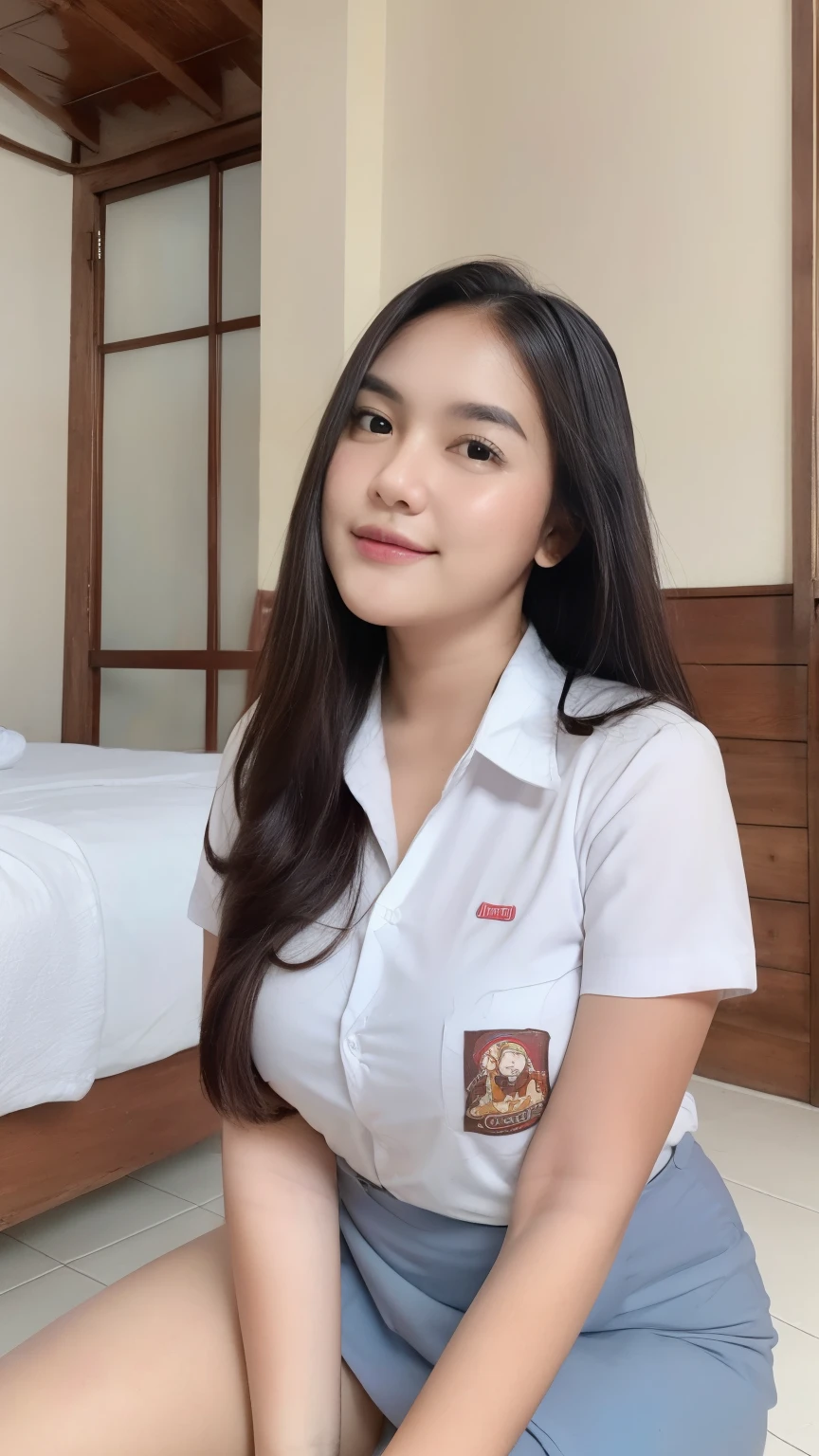 1girl, (Indonesian_high_school), Classroom, detailed face, detailed eyes, huge breasts, shiny skin, looking at the audience, (laughing cute: 1.2), (happy), (8k, RAW photo, best quality, masterpiece: 1.2), (realistic, realistic: 1.37), ultra-high resolution