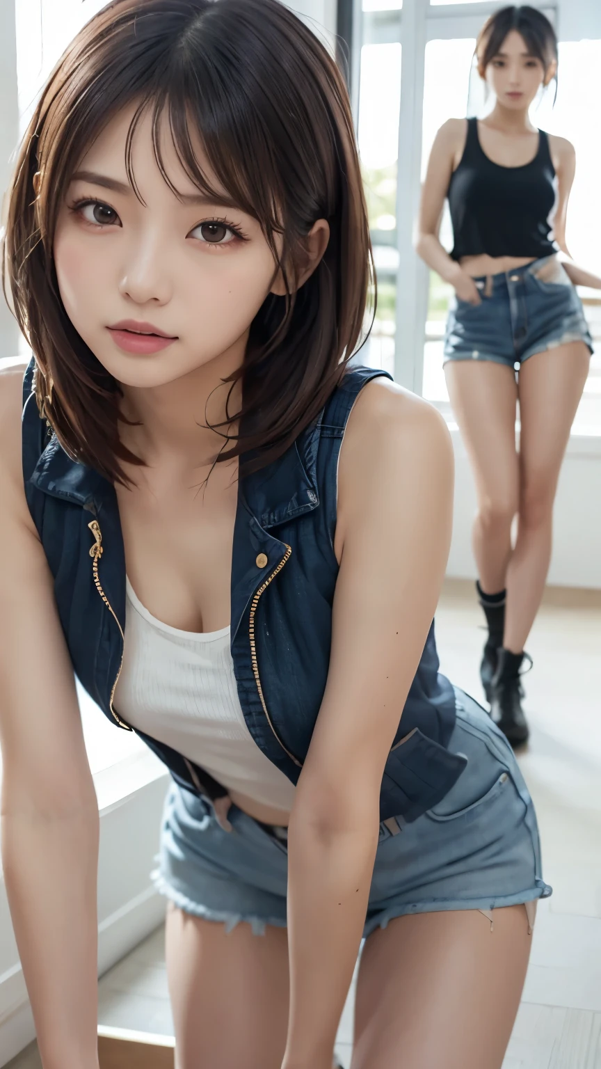 Famous Japanese Super Idol , beautiful standing, Soft and supple Physical Beauty , 15yo, RAW photos , 8k, shortcuts , black hair, bangs, shiny hair, bob hair, Thready hairstyle/hair, expressive hair , golden eyes, sticks out his tongue , big sparkling eyes, naughty face, Sparkling Eyes, Mischievous, Ribbons Hair Accessories, high definition , masterpiece, accurate, anatomically correct , won many awards , 最 High Quality , HD Model, high detail, High Quality , retina, Very detailed, textured skin , Ultra High Definition, 16k, Wild Beautiful Girl , Denim Sleeveless Jacket , pink tank top, Denim Shorts, knee-high socks, Jacket Cuffs Left Cut