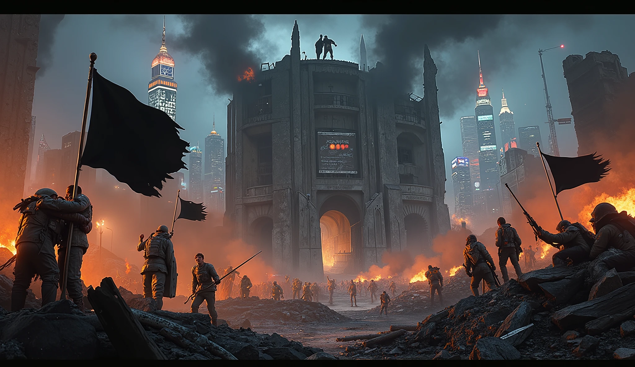 A **wide shot** captures the **smoking ruins of the H.A.P.S. Tower**, its **once-dominant brutalist structure now a crumbling wreck.** Entire sections of the **tower have collapsed,** leaving jagged **steel beams and shattered concrete walls** jutting out from the wreckage. Fires burn across the **ruins of the facility**, casting an **orange glow against the cold neon lights** of the untouched **Manhattan skyline** towering in the background.
Hundreds of **rebel troops in makeshift gray armor with orange details** swarm the battlefield, their **black flags whipping in the wind.** Some **climb the wreckage of the fallen guard towers**, planting **massive blank black banners** in the rubble. Others **stand atop destroyed H.A.P.S. security checkpoints, raising weapons in the air**, their faces illuminated by the flickering flames.
Thick **black smoke drifts into the night sky,** merging with the incoming storm clouds, carrying the **last echoes of gunfire and destruction.** The city beyond remains untouched, its **holographic billboards and corporate towers still glowing, flickering with emergency warnings about the crisis unfolding below.** **Hover traffic moves cautiously above the ruins**, as if the rest of the city hasn't yet realized the battle is over.
In the foreground, **a group of rebels embrace, their faces smeared with ash and sweat, their exhausted laughter echoing through the wreckage.** Others sit on broken barricades, their **rifles resting at their sides, heads tilted back as they breathe in their first taste of victory.** One rebel stands atop a collapsed watchtower, their **gray armor streaked with blood and battle grime,** gripping a **black flagpole**, watching as their people reclaim what was once a prison. *(drk)*