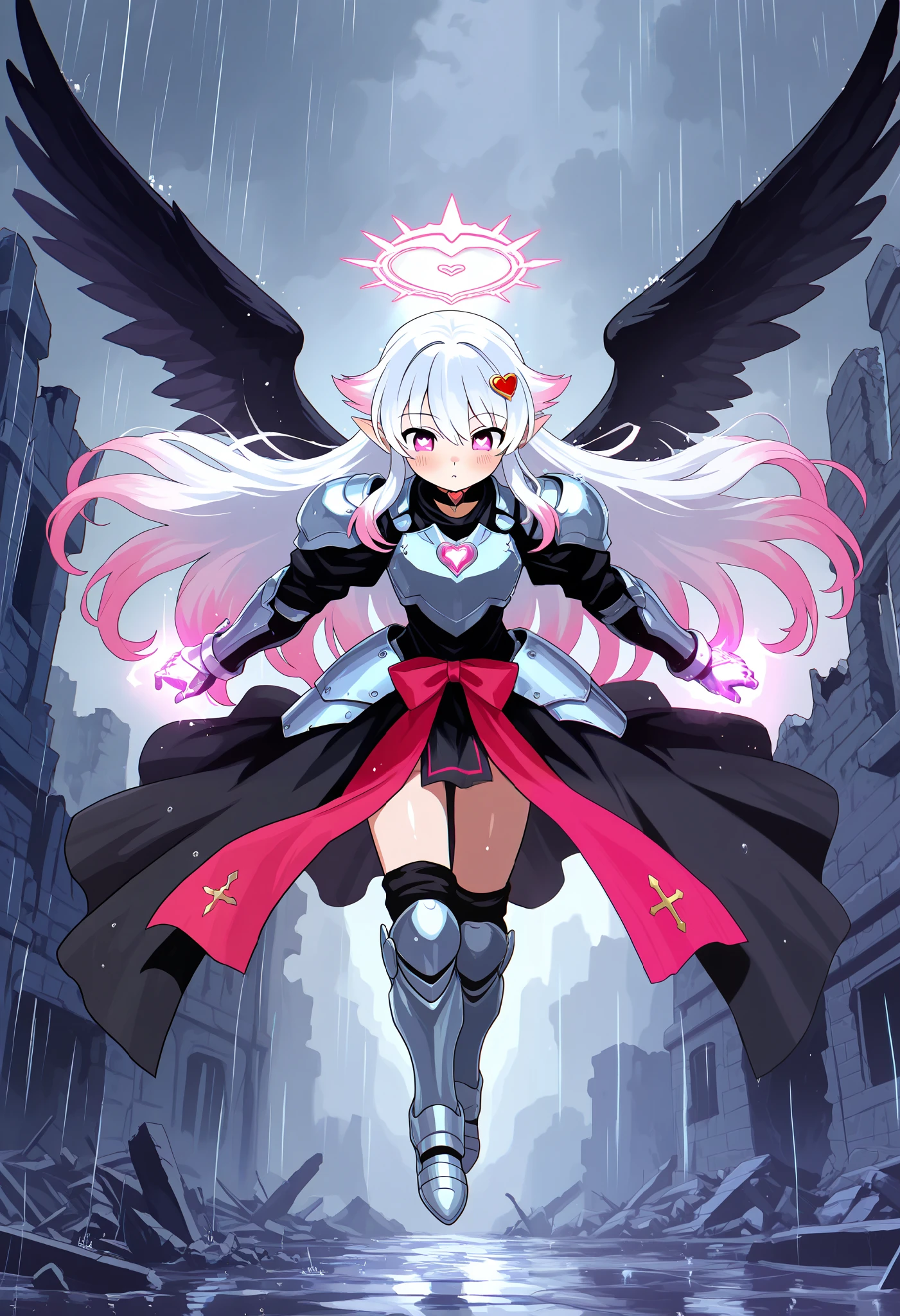 score_9, score_8_up, score_7_up, score_6_up, score_5_up, score_4_up, 1girl, fantasy, petite, halo, full body, hair clip, dynamic angle, looking down, blush, pink eyes, symbol-shaped pupils, heart shaped pupils, pointy ears, long hair, headwings, hair flaps, white hair, multicolored hair, pink tips hair, bangs, hair between eyes, hair ornament, heart choker, red bow, steel armored clothes, armor, angel knight, heart hair ornament, dynamic pose, curious, flying, from above, outdoors, rainy, ruins, shape hand changed, crystal hand, crystal hand skin, shiny, shiny crystal skin, hair, white steel armored clothes, pink Ruby hand, dramatic lighting, wind rails, anime screencap
