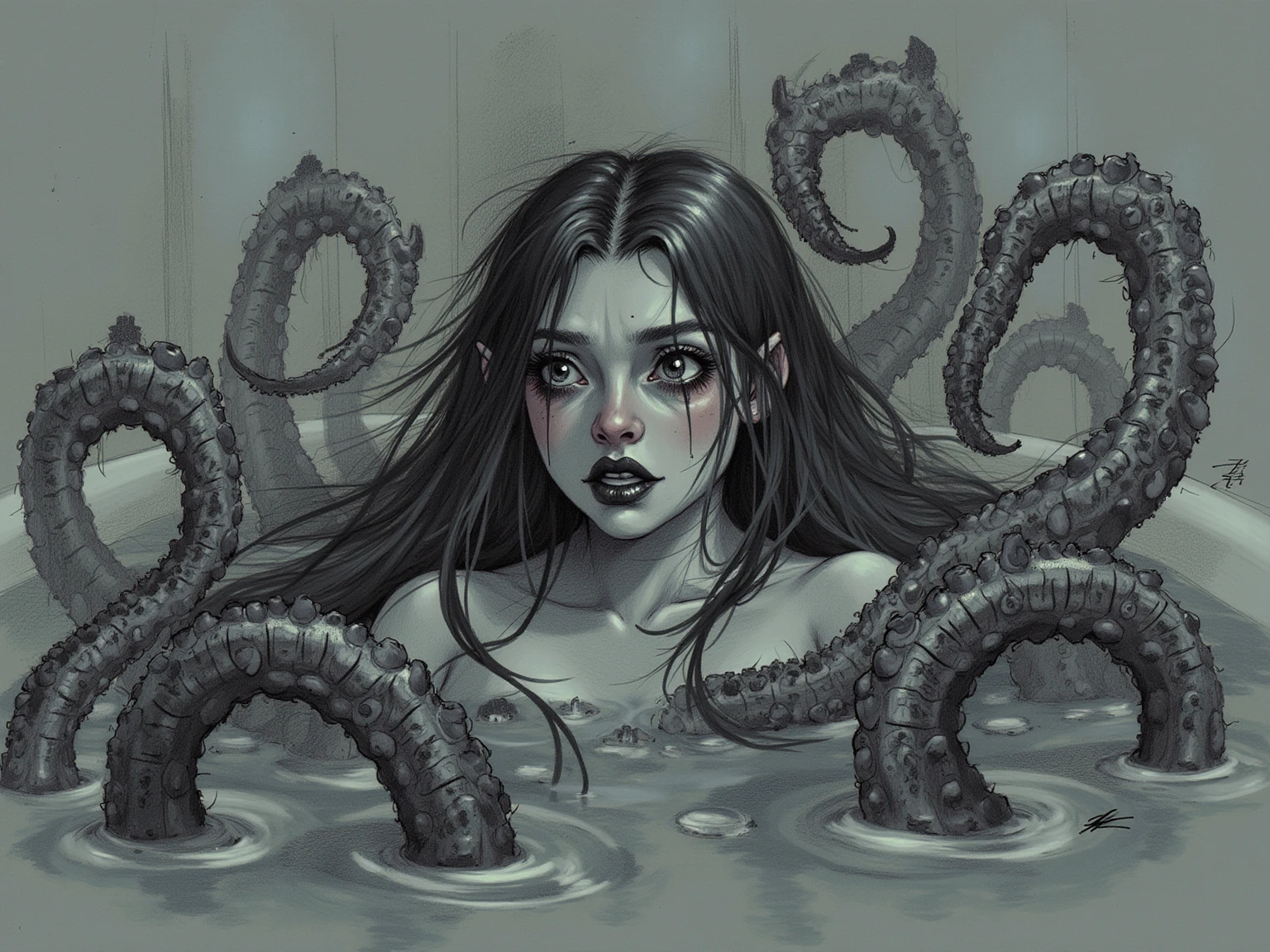 visiosomni a girl in the arms of a creature with tentacles, very dark and realistic<lora:visiosomni:1>