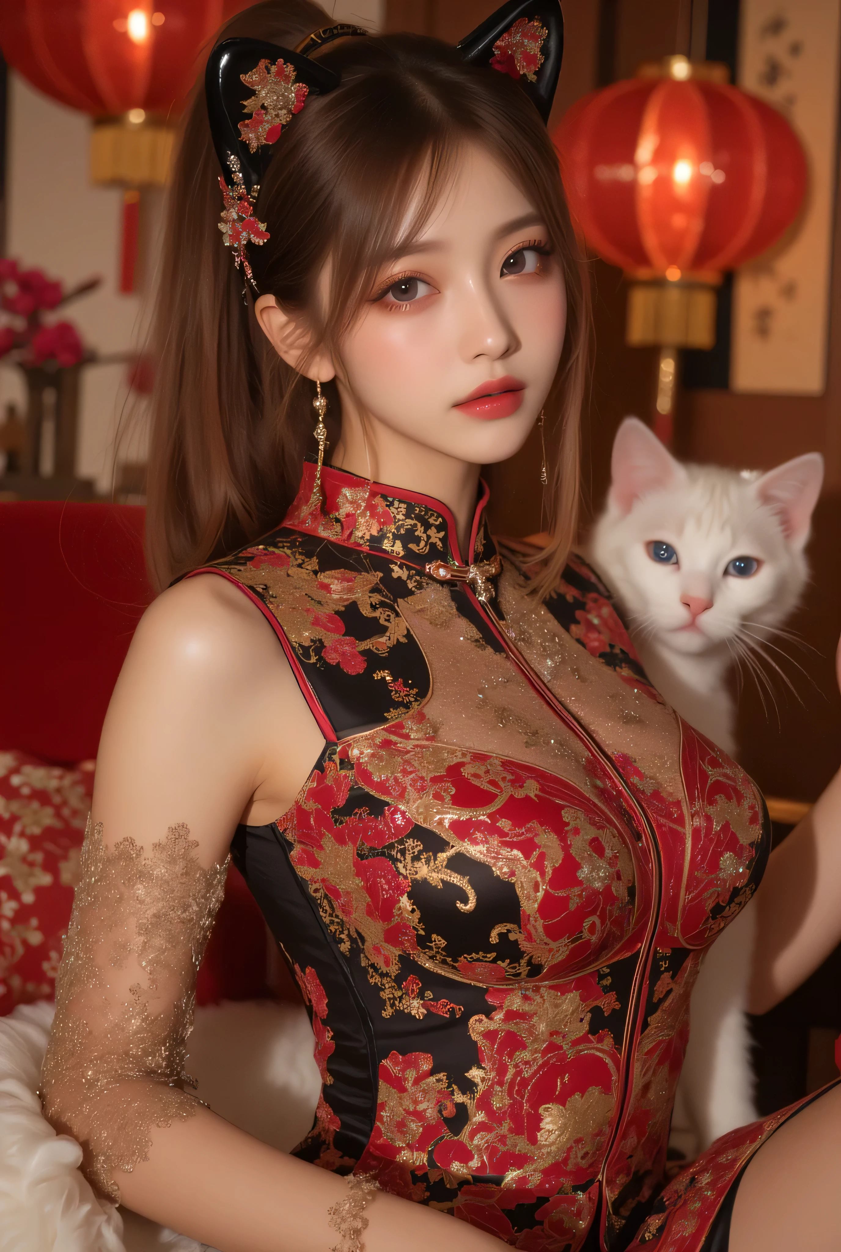 Cat ears、 face up, attractive, pretty girl, ponytail、few beautiful lady hair decorations, (( fine facial features , eroticism)), dramatic lighting , realistic , 8k, Dramatic Shadows , intricate and elaborate patterns , super detailed photo , chiaroscuro lighting , Pleasant colors , deep contrast , super real 、 pink lipstick、 warm room、Vintage Fireplace 、 cinematic composition、Close-up of face, pretty half part transparent open shoulder loose outfits dress, tang style, A beautiful Korean idol wearing a one piece red- black tightly cheongsam with phoenix and intricate floral golden embroidery, golden and silver outline on dress, standing gracefully in a room filled with traditional Chinese New Year decorations. The room features vibrant red lanterns, decorative calligraphy scrolls, a small Chinese orange tree with golden ornaments, and several red envelopes scattered across the floor and hanging from the tree. Adorable, playful cats are part of the scene—some sitting near the tree, others curiously pawing at the red envelopes or lounging around. Through a window or an open door in the background, vibrant Chinese fireworks light up the night sky in an array of reds, golds, and blues, casting a magical glow into the room. The idol’s outfit is paired with subtle accessories like red hairpins or earrings, complementing the festive look. The atmosphere is warm and lively, filled with the joyful essence of the celebration, enhanced by the shimmering lights of the fireworks and the lively decor.