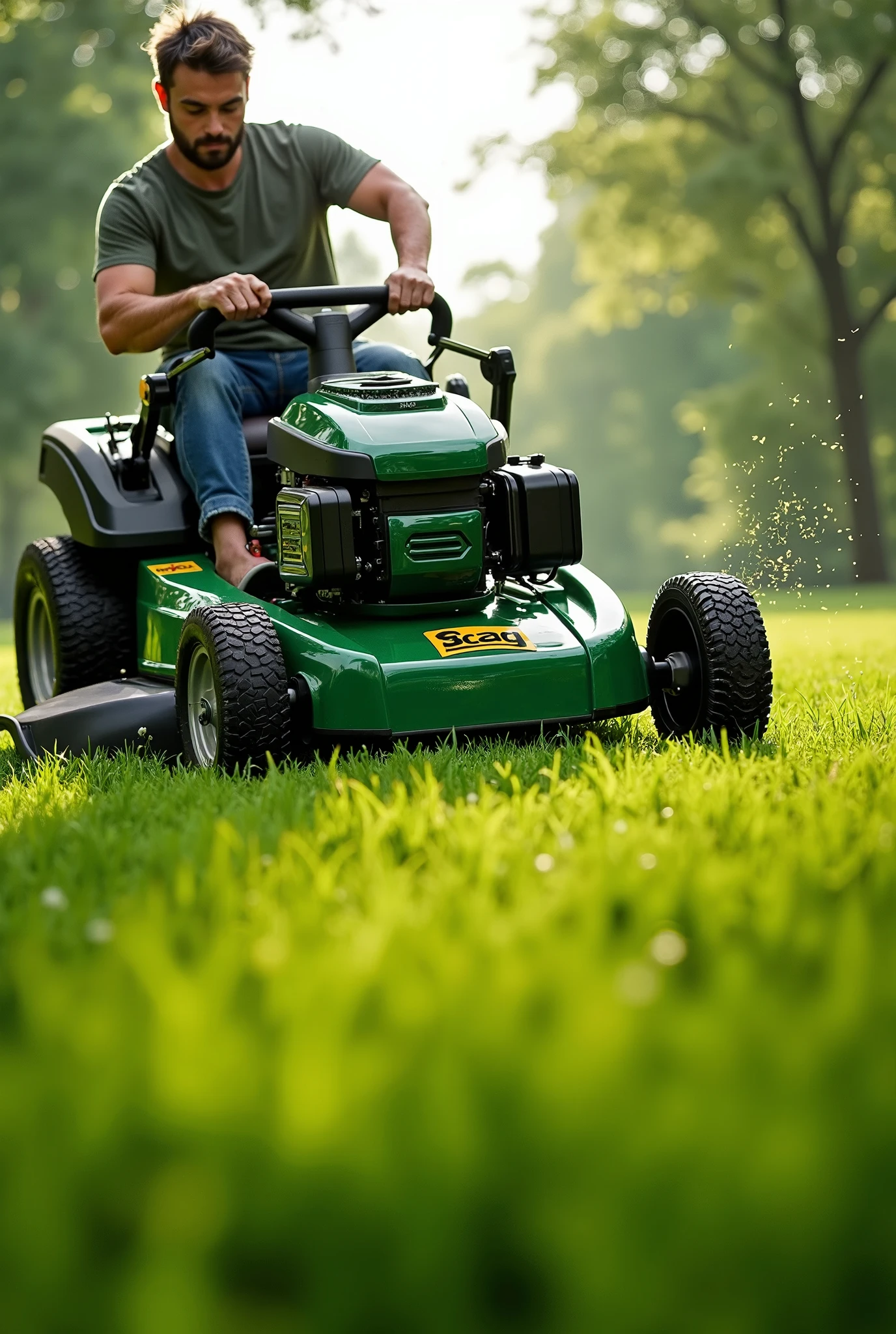 (best quality,highres),(realistic:1.37),(colorful),(bright lighting),portrait,man wearing green pants,worker,close-up shot,lawnmower,grass cutting,detailed machinery,focused expression,strong physique,industrial setting,greenery,clear background,lush grass,professional equipment,precision cutting,laborious task,outdoor work,efficiency,environmental maintenance,neat lines,motion blur,efficient tools,hardworking,dedicated,workflow,manual labor,summer maintenance,meticulous,skillful,careful operation,green landscape