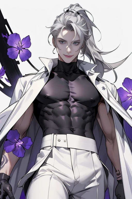 Anime male dark skinned that has musculars doctor with pants and he has white hair with red eyes.