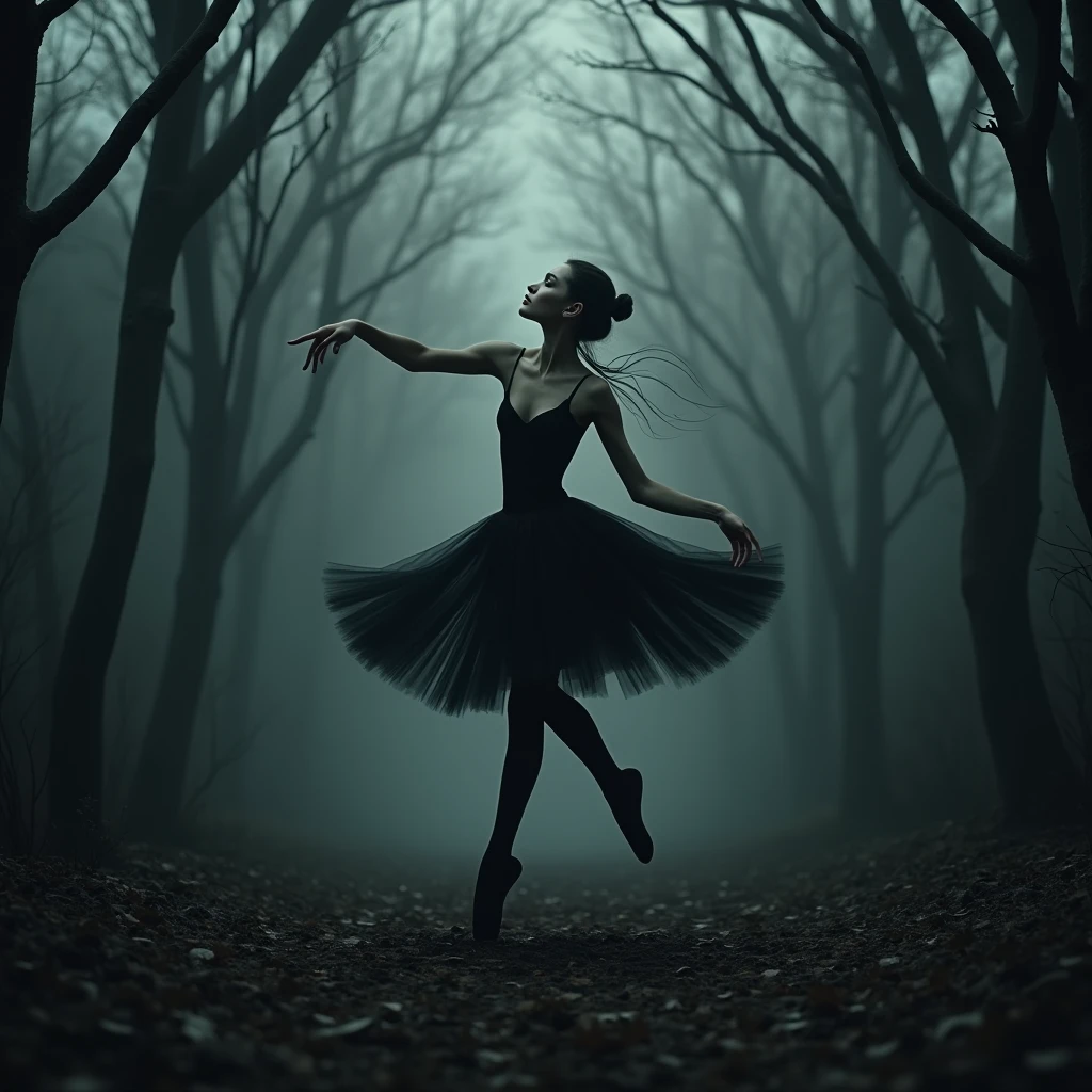 Create a haunting spectacle as shadows dance and intertwine. A vortex of twisted limbs entwines in a dark and unearthly ballet. Lingering in the shadows, a mysterious figure emerges, adorned in a sinister, ethereal atmosphere.